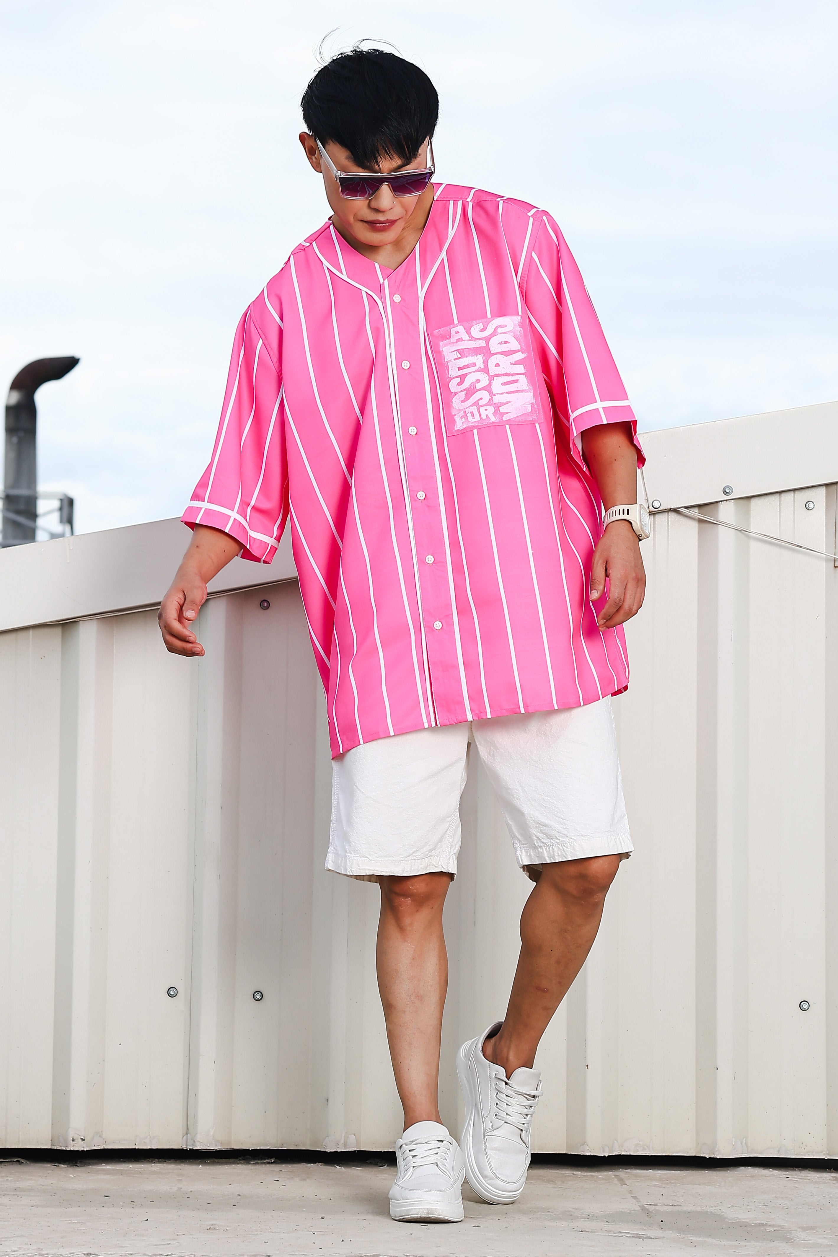 Men Striped Printed Pink Classic Oversized Fit Baseball Shirt