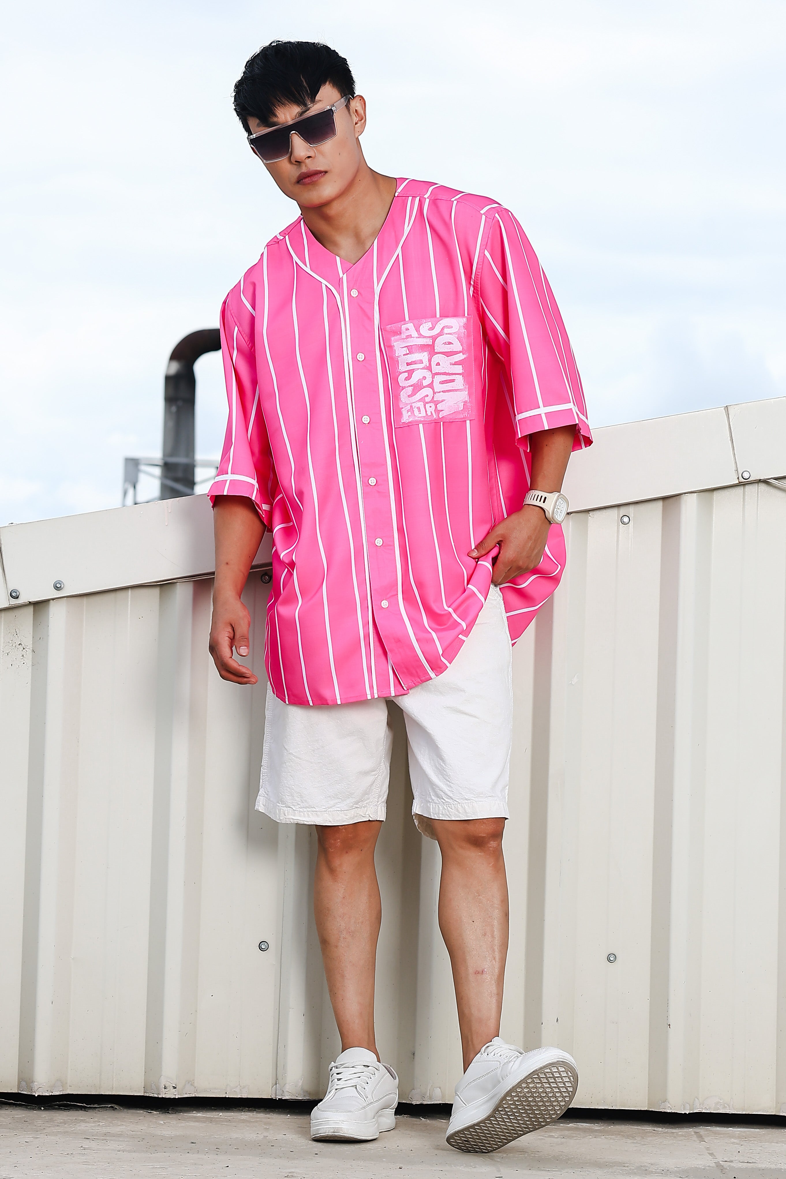 Men Striped Printed Pink Classic Oversized Fit Baseball Shirt