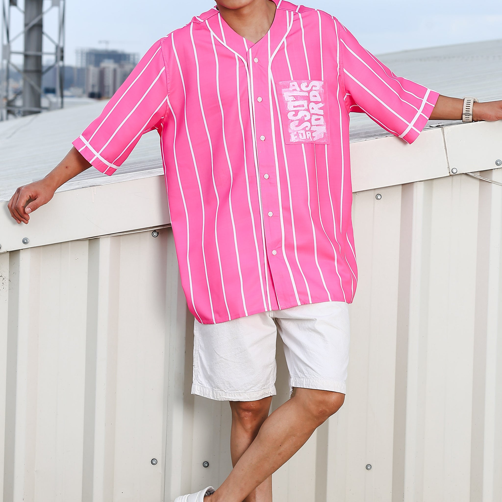 Men Striped Printed Pink Classic Oversized Fit Baseball Shirt