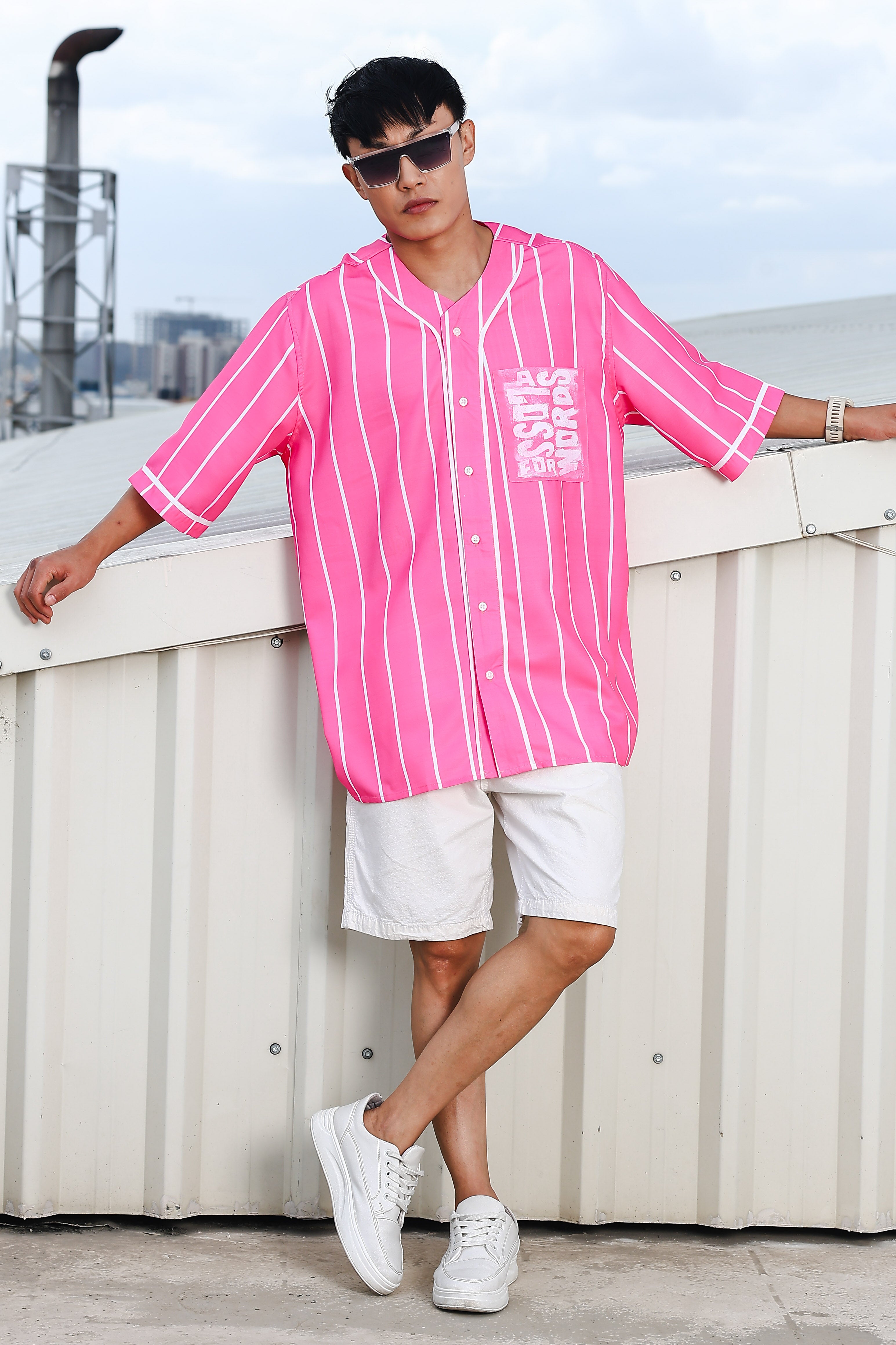 Men Striped Printed Pink Classic Oversized Fit Baseball Shirt