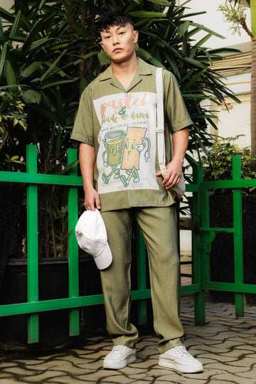 Olive Viscose Resort Printed Cuban Shirt & All Day Lounge Pant Relaxed Fit Co-Ord Set