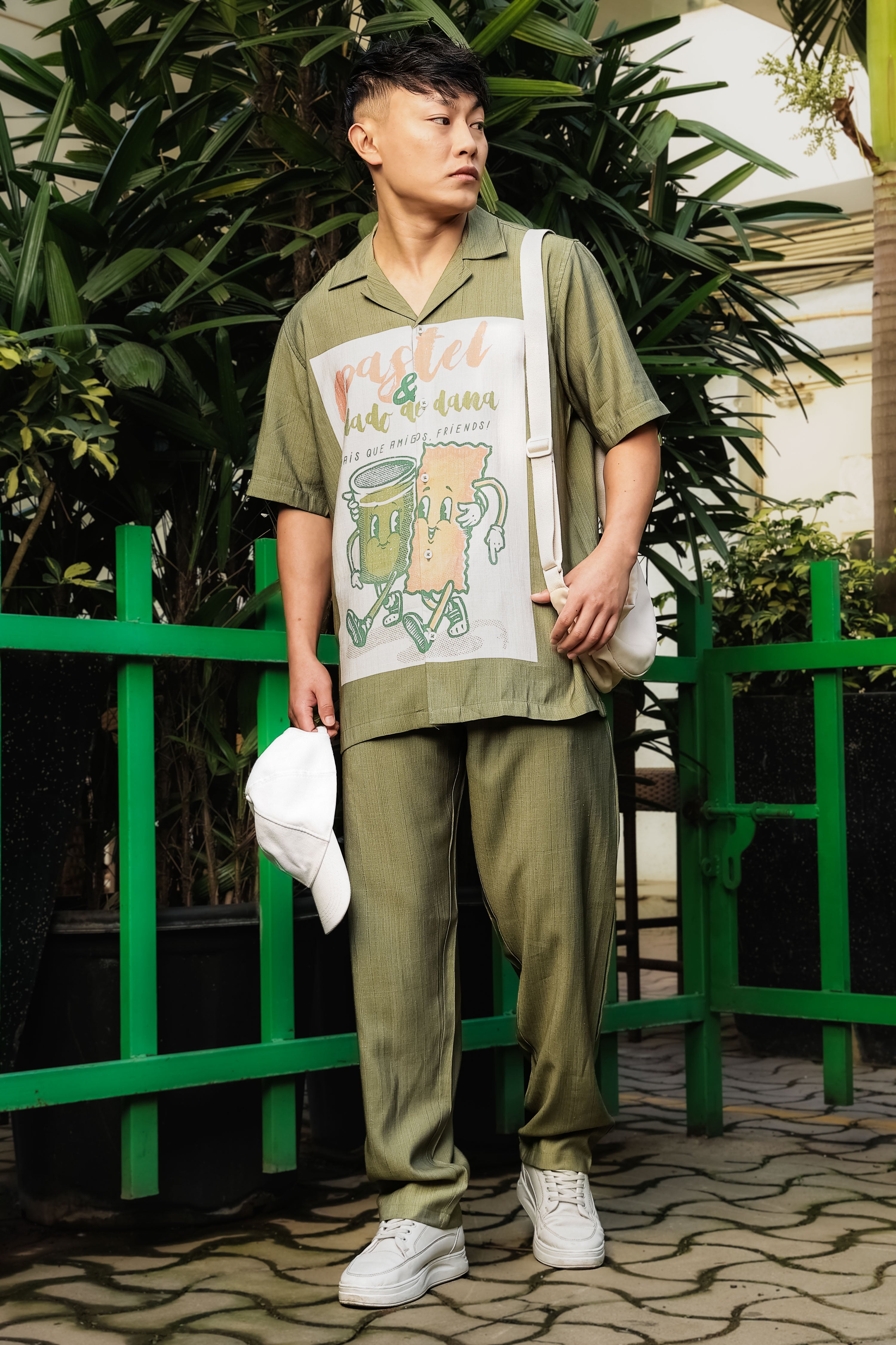 Olive Viscose Resort Printed Cuban Shirt & All Day Lounge Pant Relaxed Fit Co-Ord Set