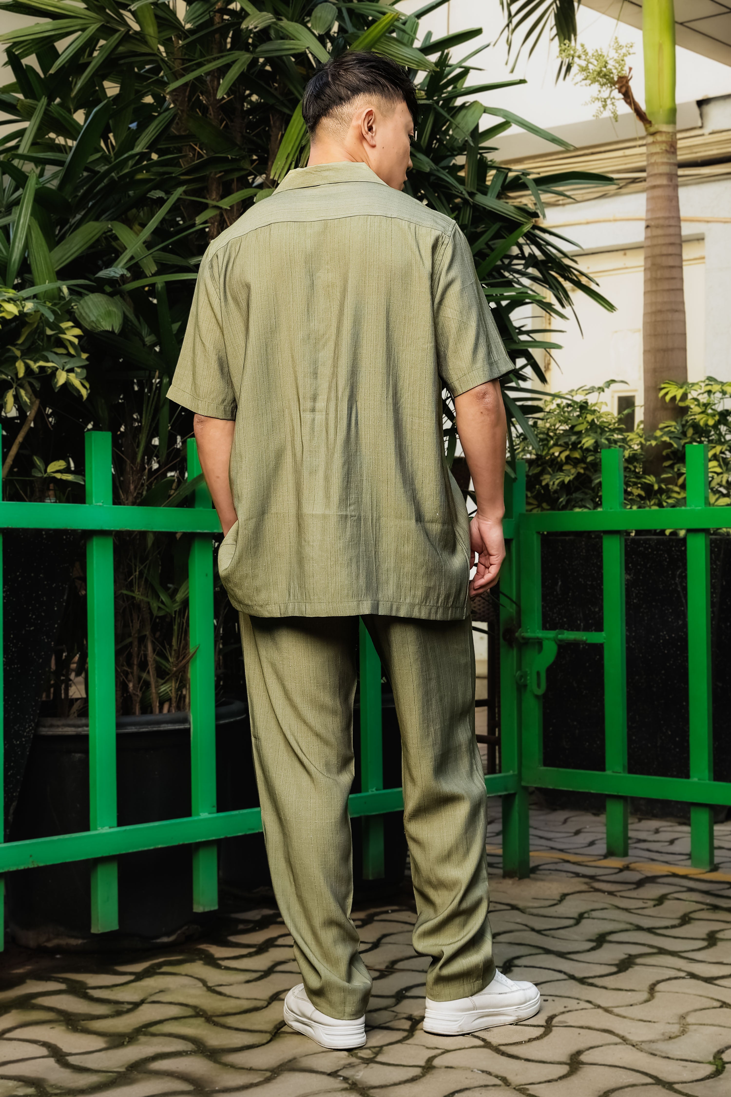Olive Viscose Resort Printed Cuban Shirt & All Day Lounge Pant Relaxed Fit Co-Ord Set