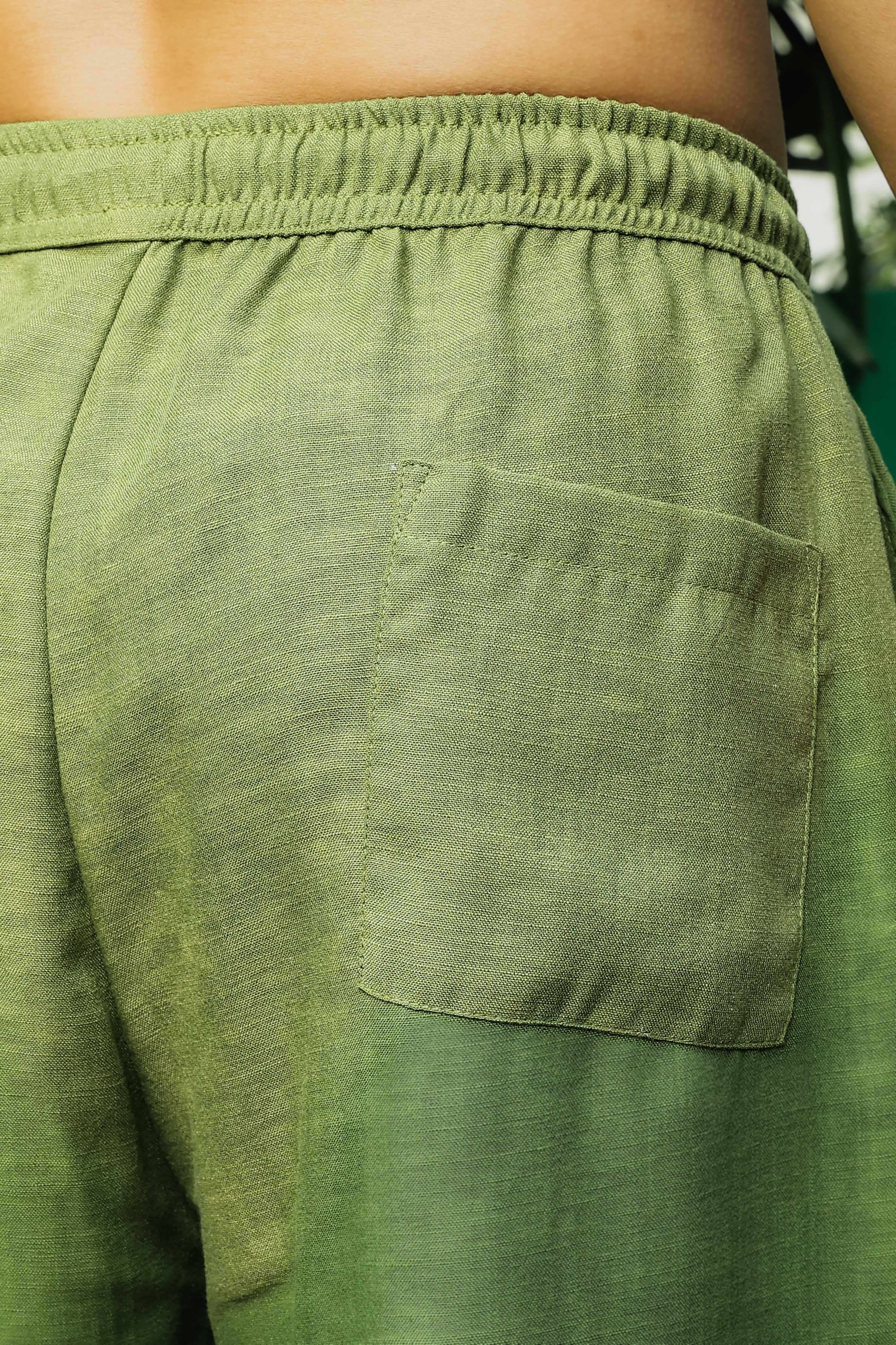 Matcha-Olive Linen Blend Solid Relaxed Fit All Day Trousers