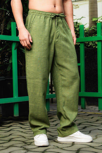 Matcha-Olive Linen Blend Solid Relaxed Fit All Day Trousers