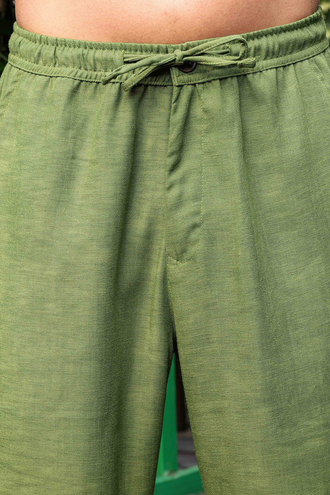 Matcha-Olive Linen Blend Solid Relaxed Fit All Day Trousers