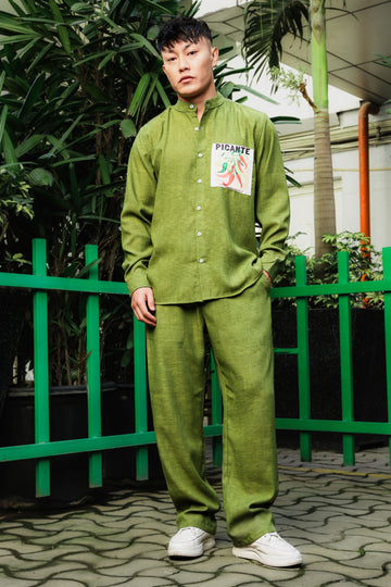 Olive-Matcha Linen Blend Casual Relaxed Fit Mandarin Collar Shirt & All Day Pants Co-Ord Set