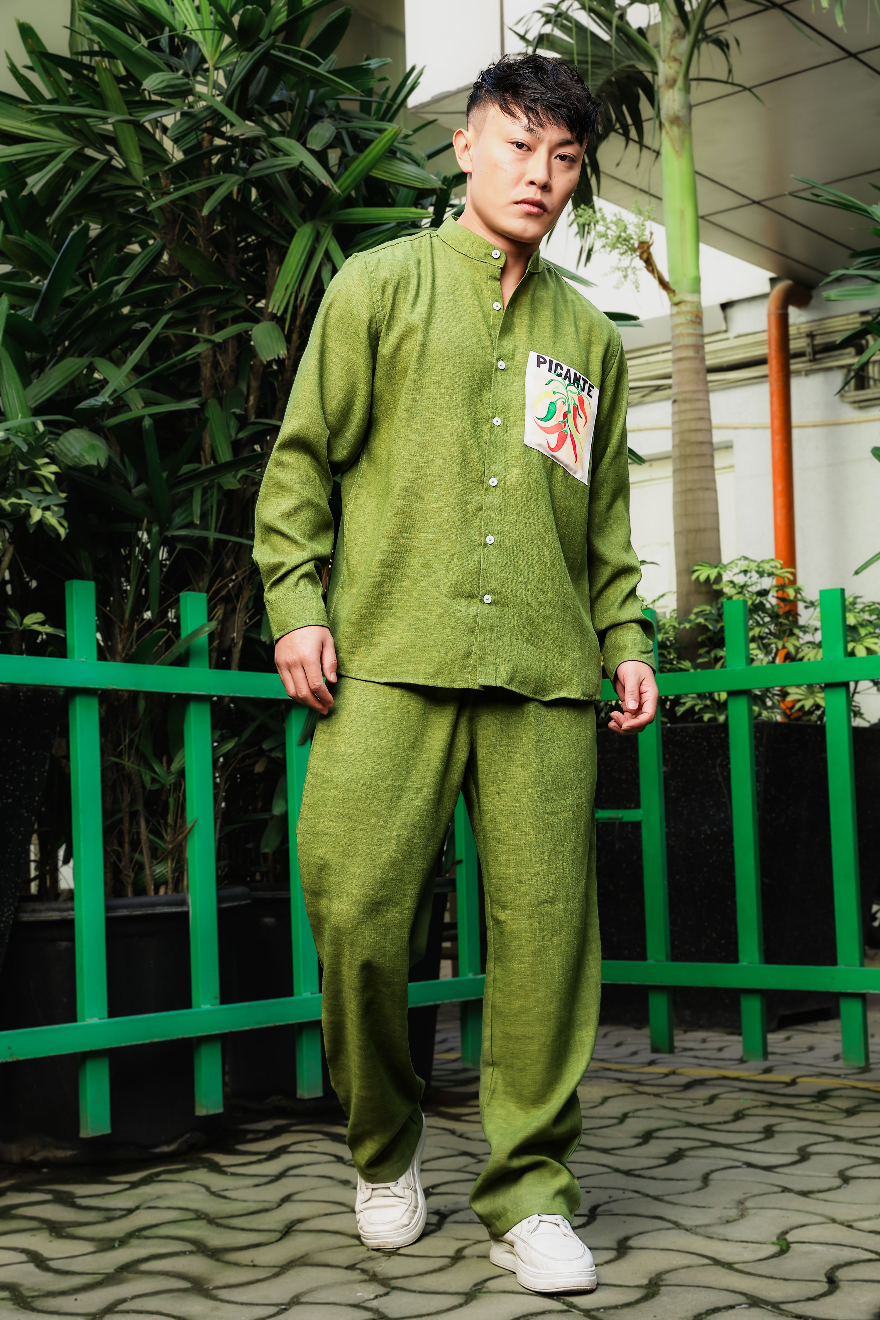 Olive-Matcha Linen Blend Casual Relaxed Fit Mandarin Collar Shirt & All Day Pants Co-Ord Set