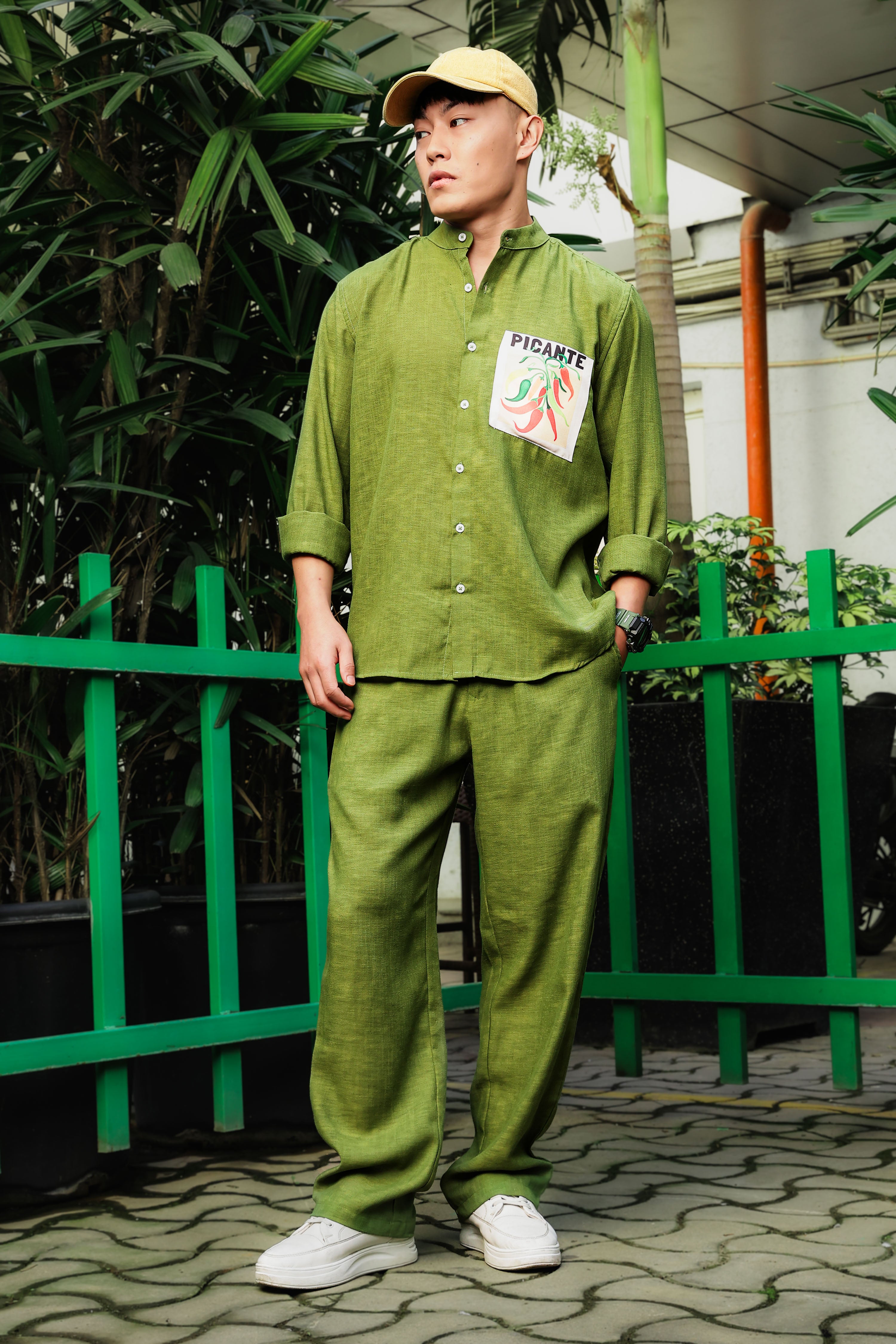 Olive-Matcha Linen Blend Casual Relaxed Fit Mandarin Collar Shirt & All Day Pants Co-Ord Set