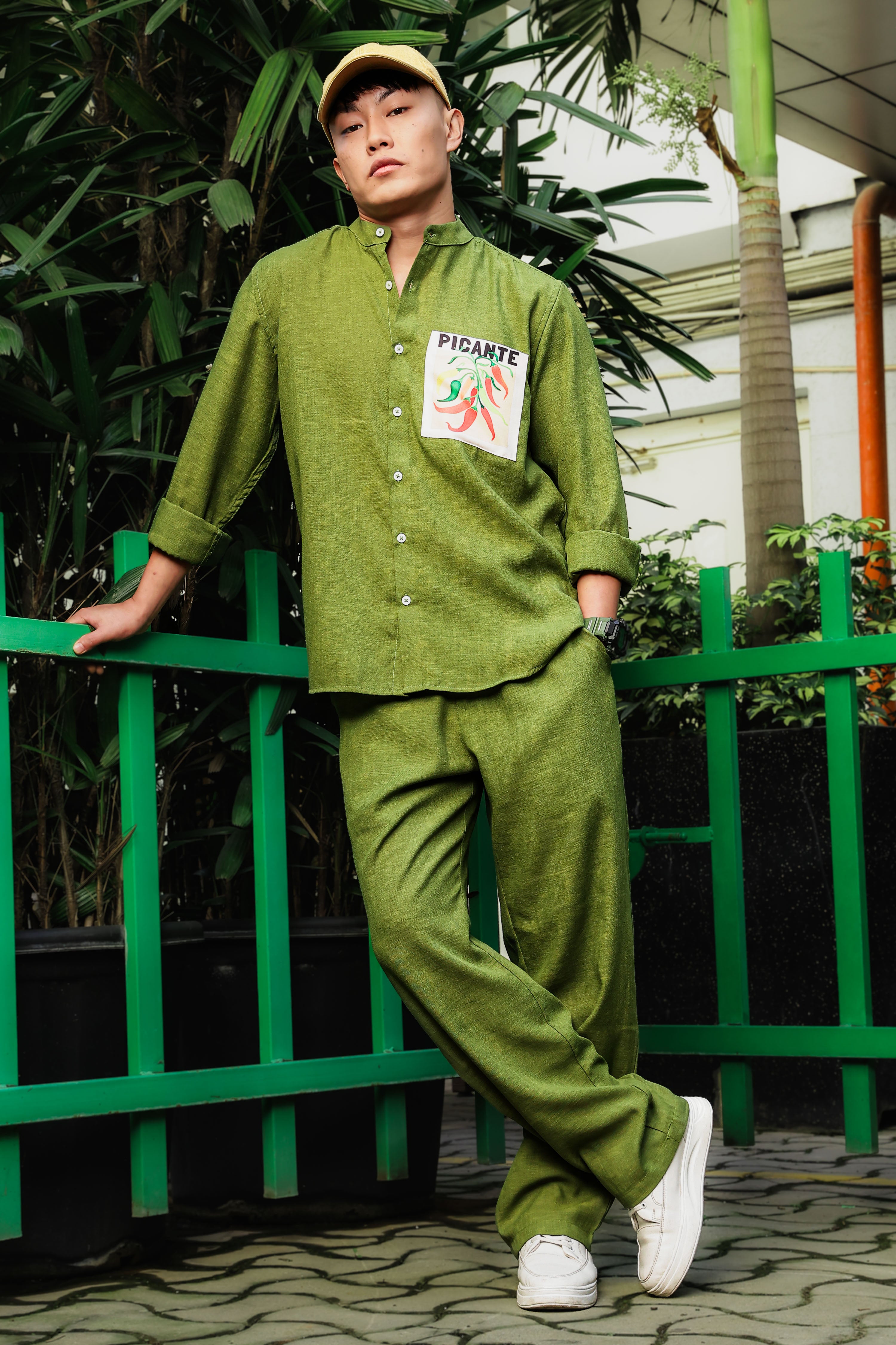 Olive-Matcha Linen Blend Casual Relaxed Fit Mandarin Collar Shirt & All Day Pants Co-Ord Set
