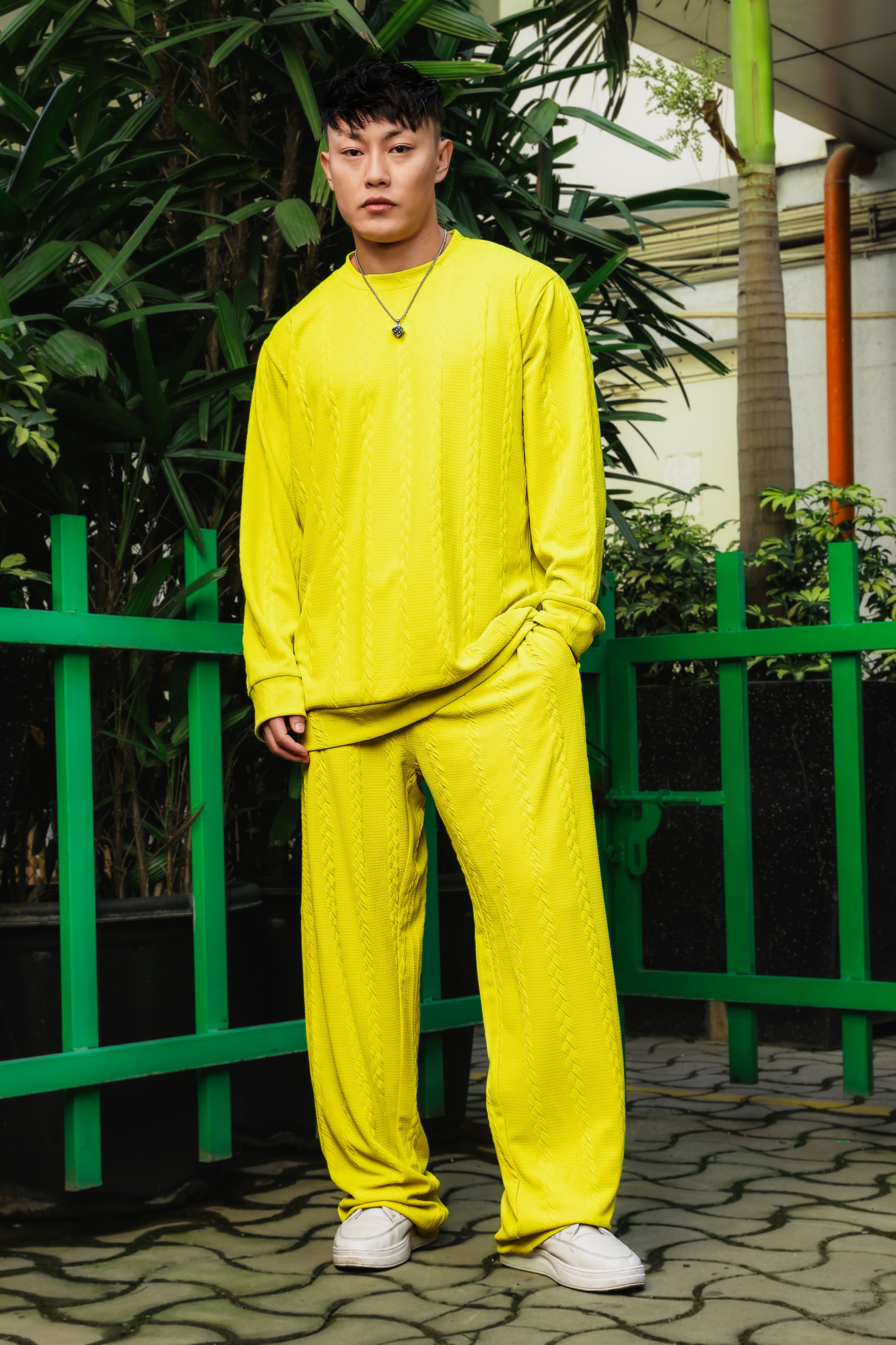 Neon Green Textured Oversized Heavy Duty Sweatshirt &Trackpant Co-ord Set