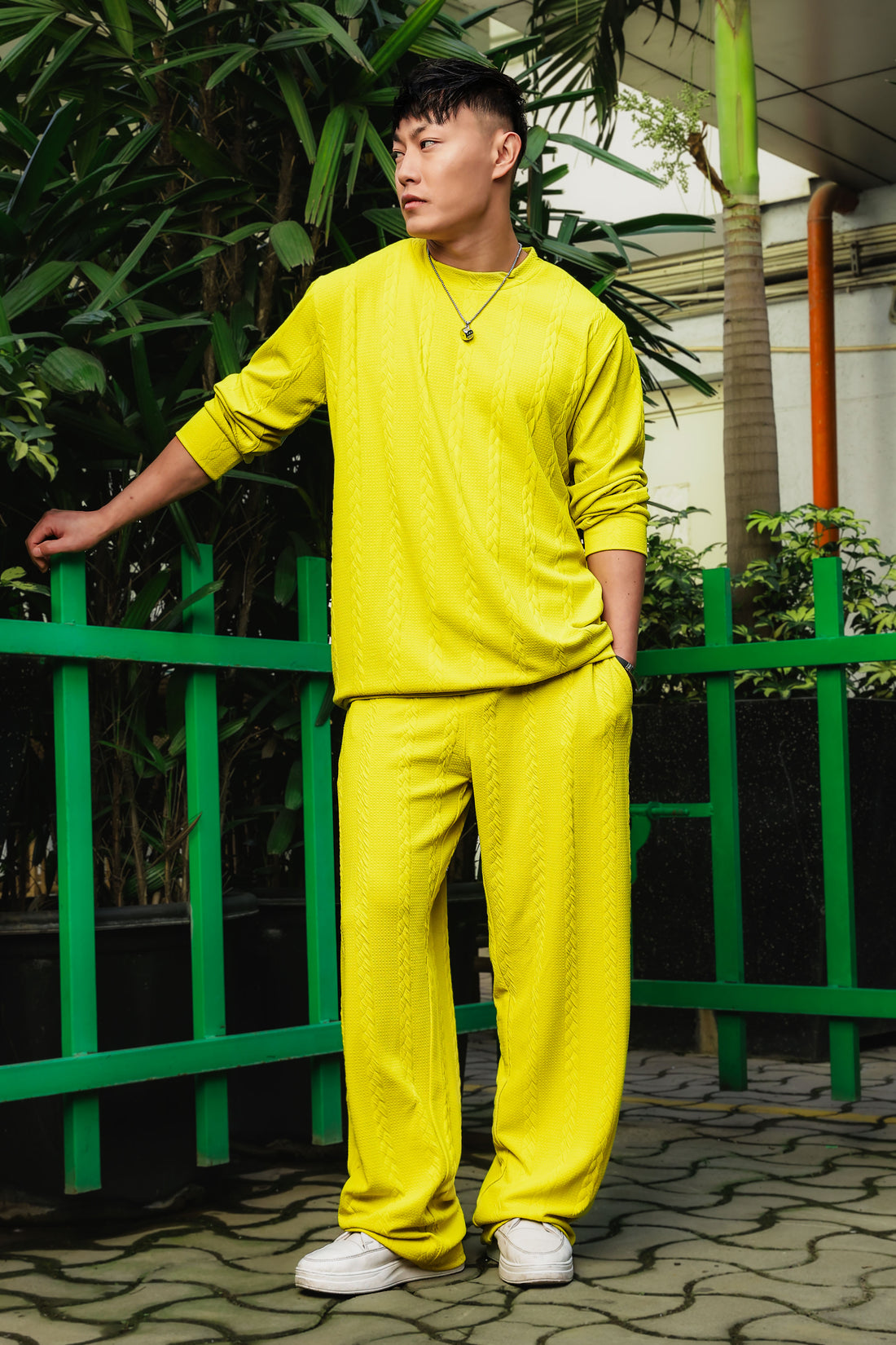 Neon Green Textured Oversized Heavy Duty Sweatshirt &Trackpant Co-ord Set