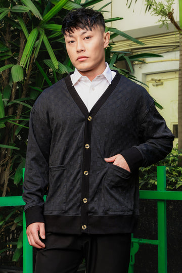 Black Textured Self Design V-Neck Knitted Cardigan