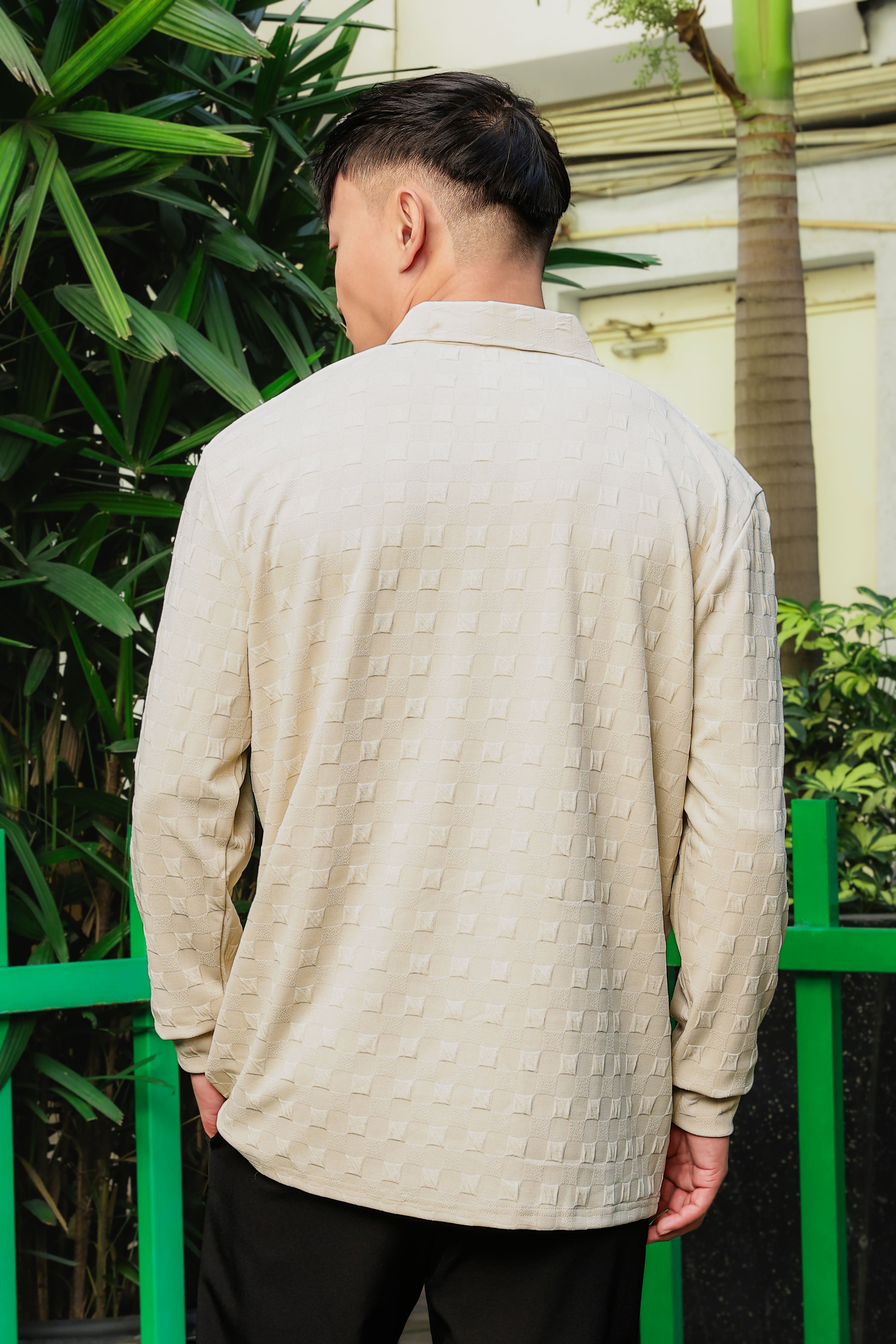 Off-White Solid Textured Cable Knit Drop-Shoulder Relaxed Fit Polo Neck Full Sleeve T-Shirt