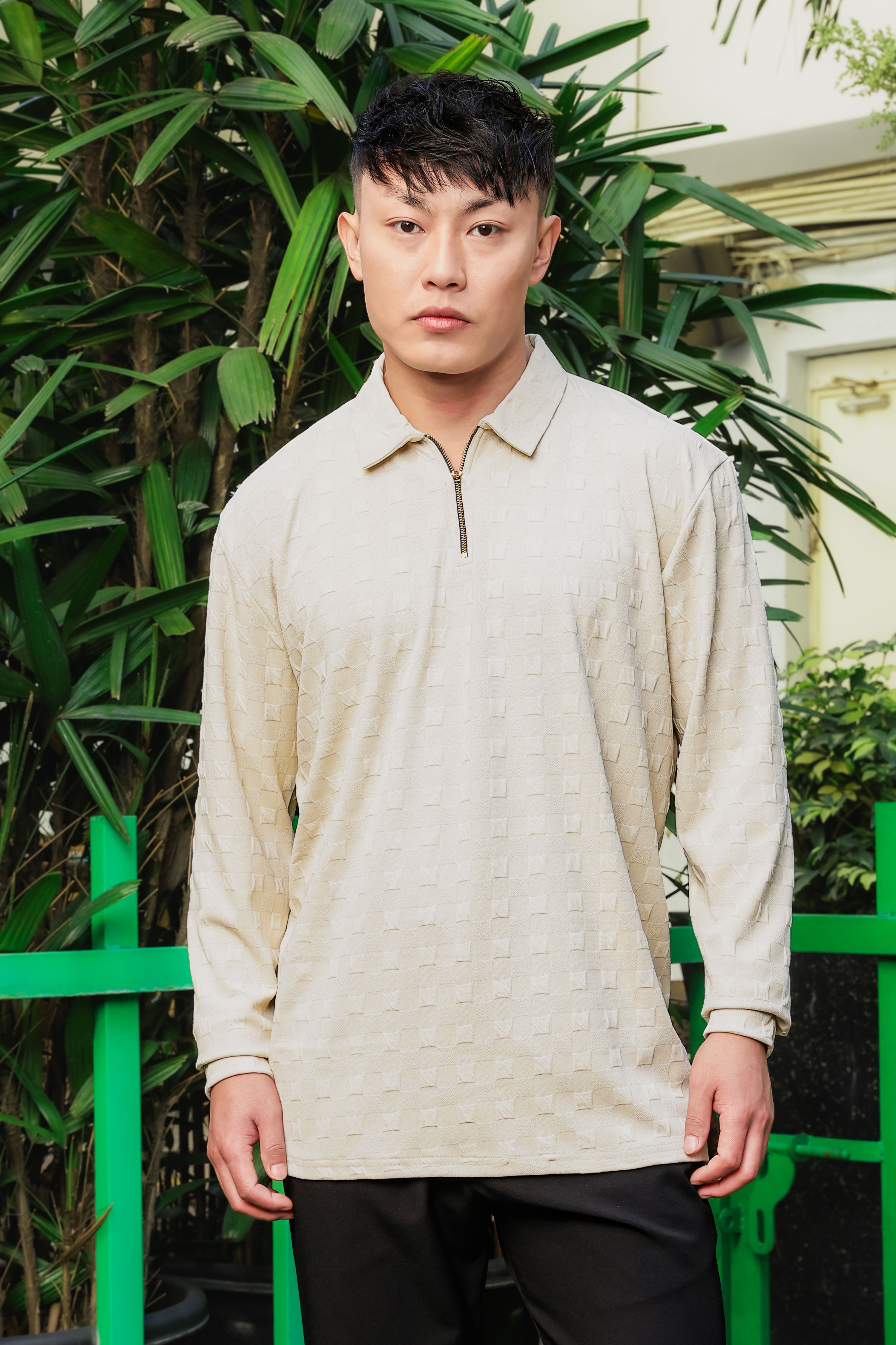 Off-White Solid Textured Cable Knit Drop-Shoulder Relaxed Fit Polo Neck Full Sleeve T-Shirt