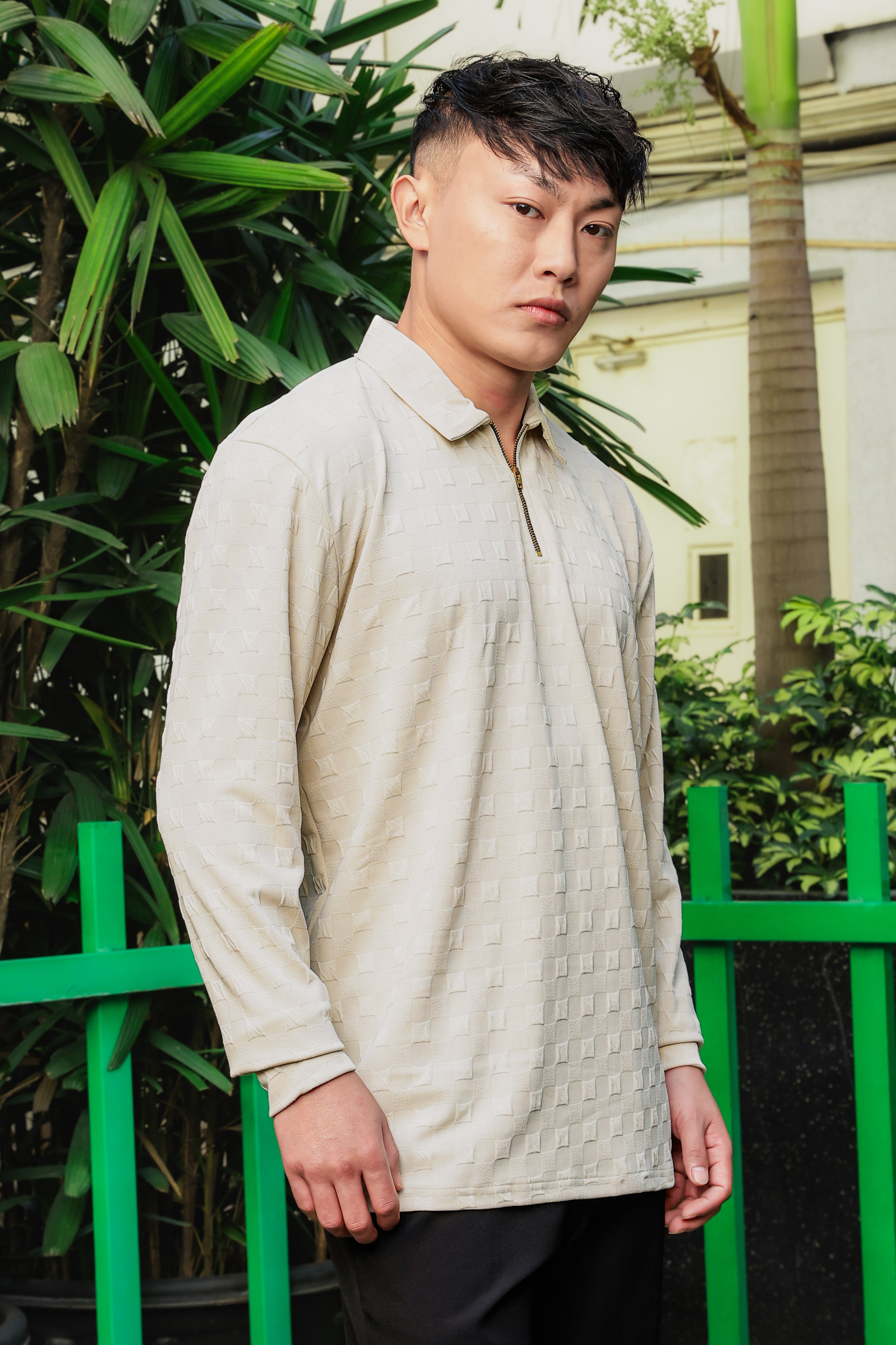 Off-White Solid Textured Cable Knit Drop-Shoulder Relaxed Fit Polo Neck Full Sleeve T-Shirt