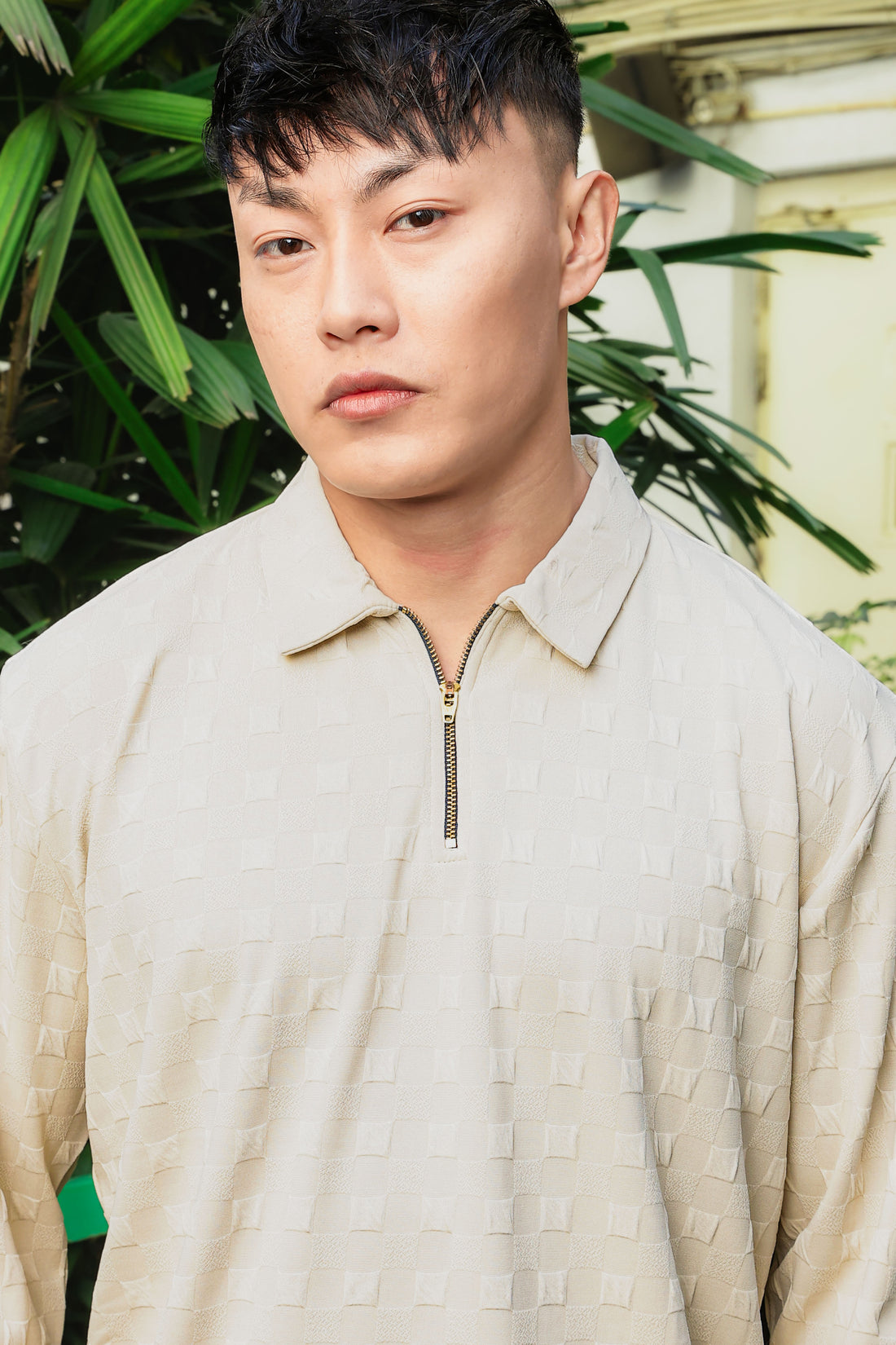 Off-White Solid Textured Cable Knit Drop-Shoulder Relaxed Fit Polo Neck Full Sleeve T-Shirt