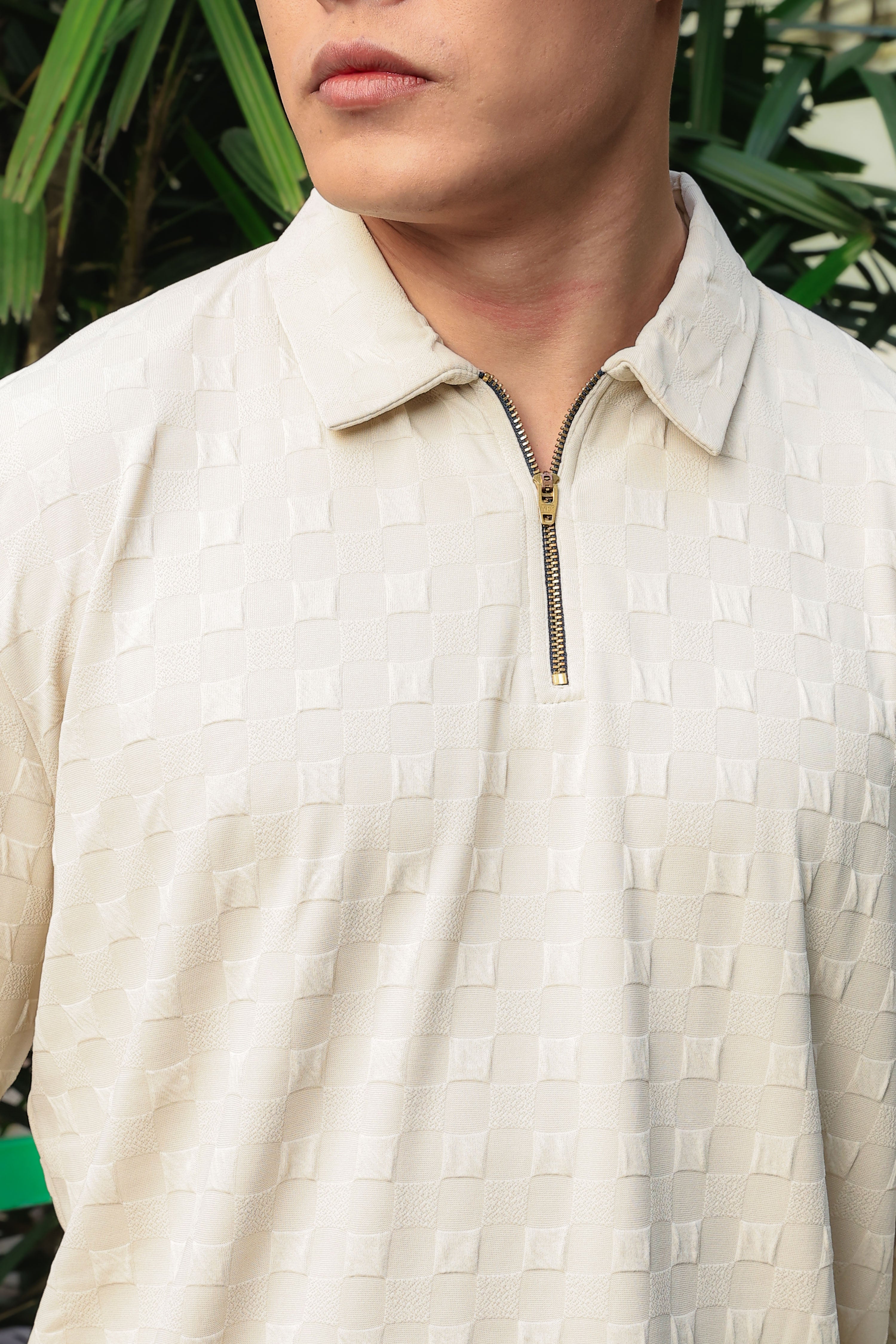 Off-White Solid Textured Cable Knit Drop-Shoulder Relaxed Fit Polo Neck Full Sleeve T-Shirt