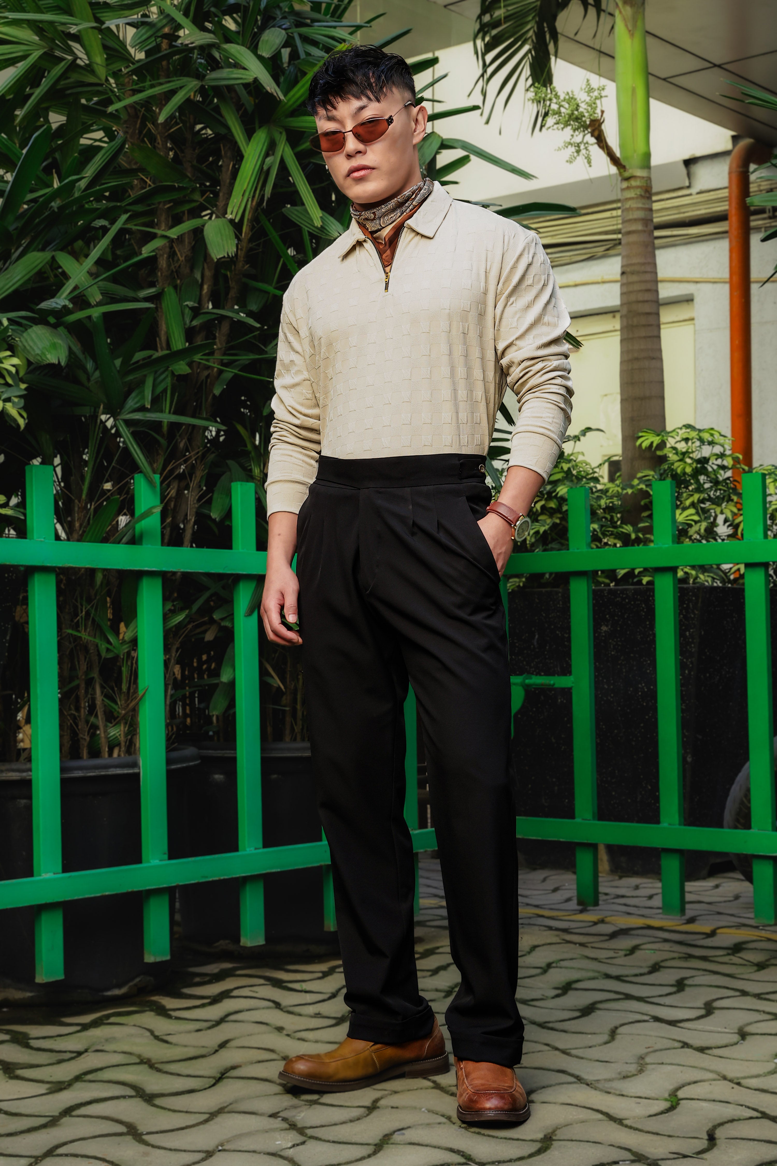 Off-White Solid Textured Cable Knit Drop-Shoulder Relaxed Fit Polo Neck Full Sleeve T-Shirt