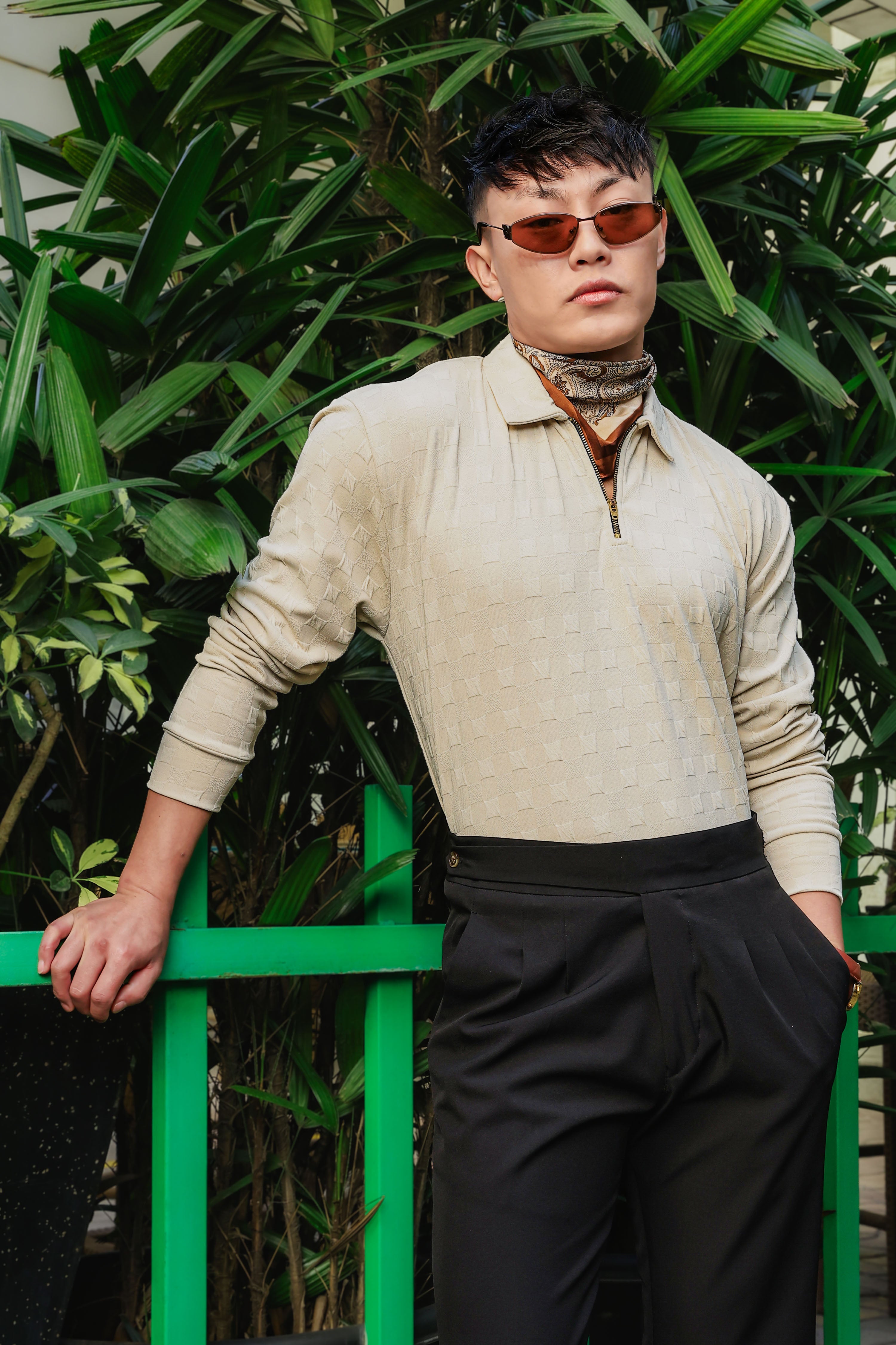 Off-White Solid Textured Cable Knit Drop-Shoulder Relaxed Fit Polo Neck Full Sleeve T-Shirt