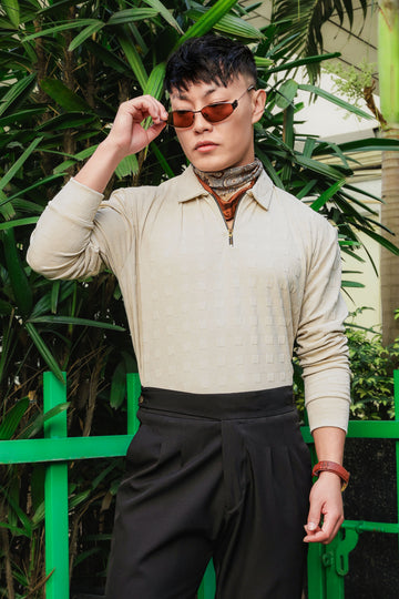 Off-White Solid Textured Cable Knit Drop-Shoulder Relaxed Fit Polo Neck Full Sleeve T-Shirt