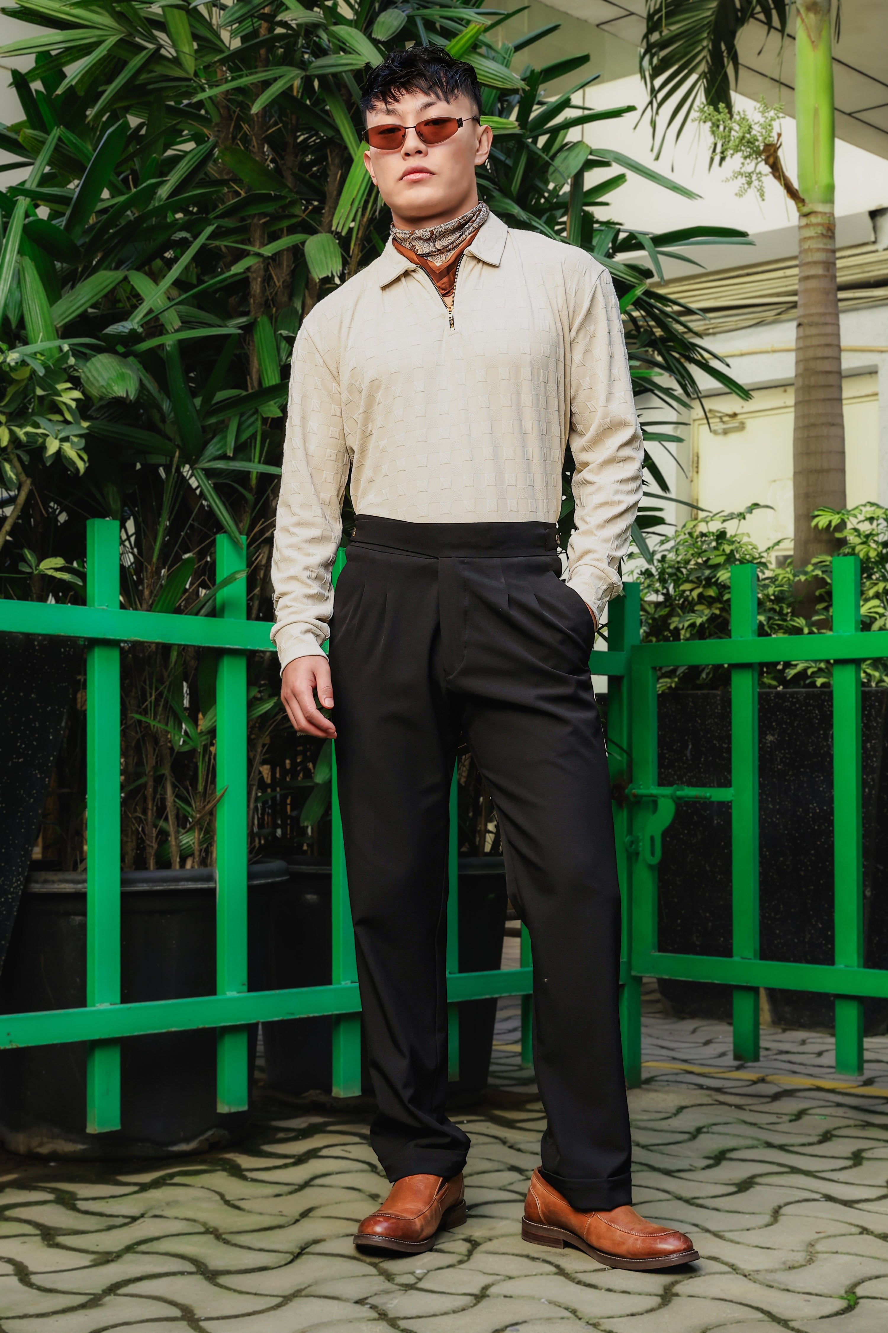 Off-White Solid Textured Cable Knit Drop-Shoulder Relaxed Fit Polo Neck Full Sleeve T-Shirt