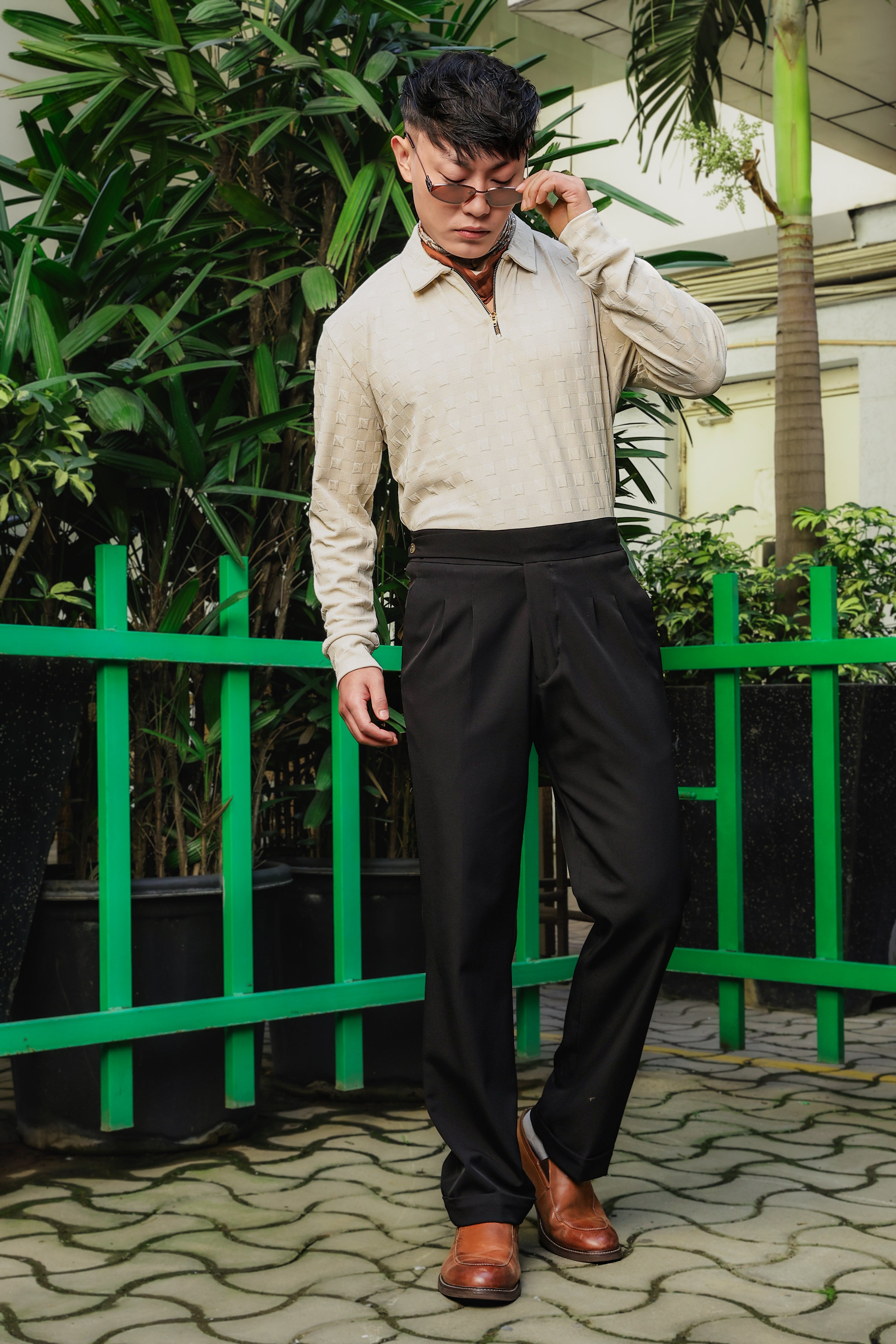 Off-White Solid Textured Cable Knit Drop-Shoulder Relaxed Fit Polo Neck Full Sleeve T-Shirt