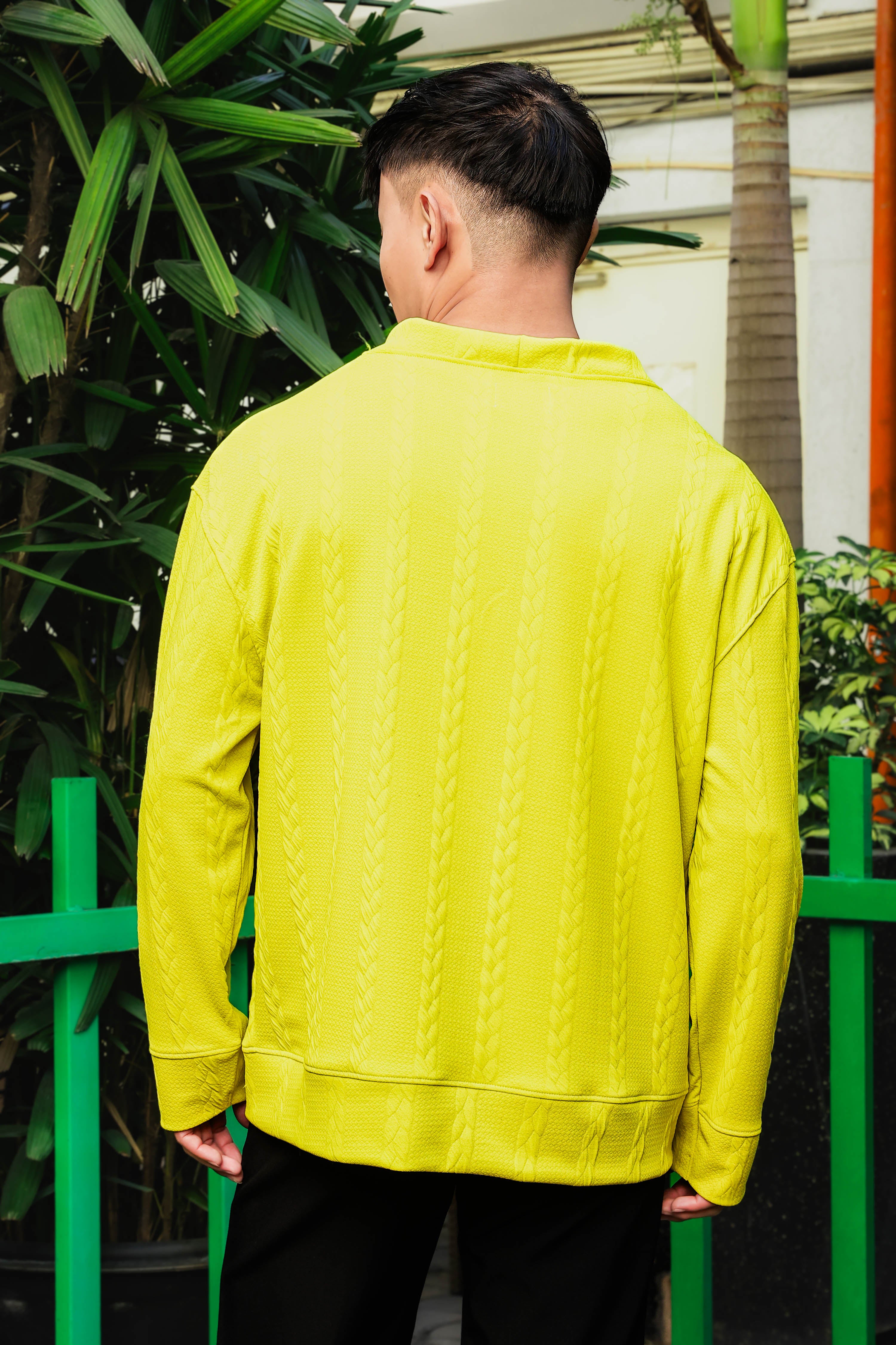 Neon Green Textured Self Design V-Neck Knitted Cardigan