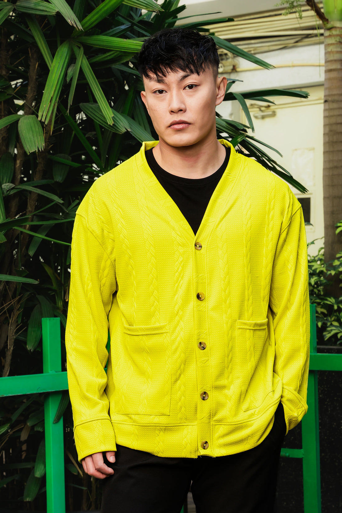 Neon Green Textured Oversized Heavy Duty Knit Cardigan &Trackpant Co-ord Set