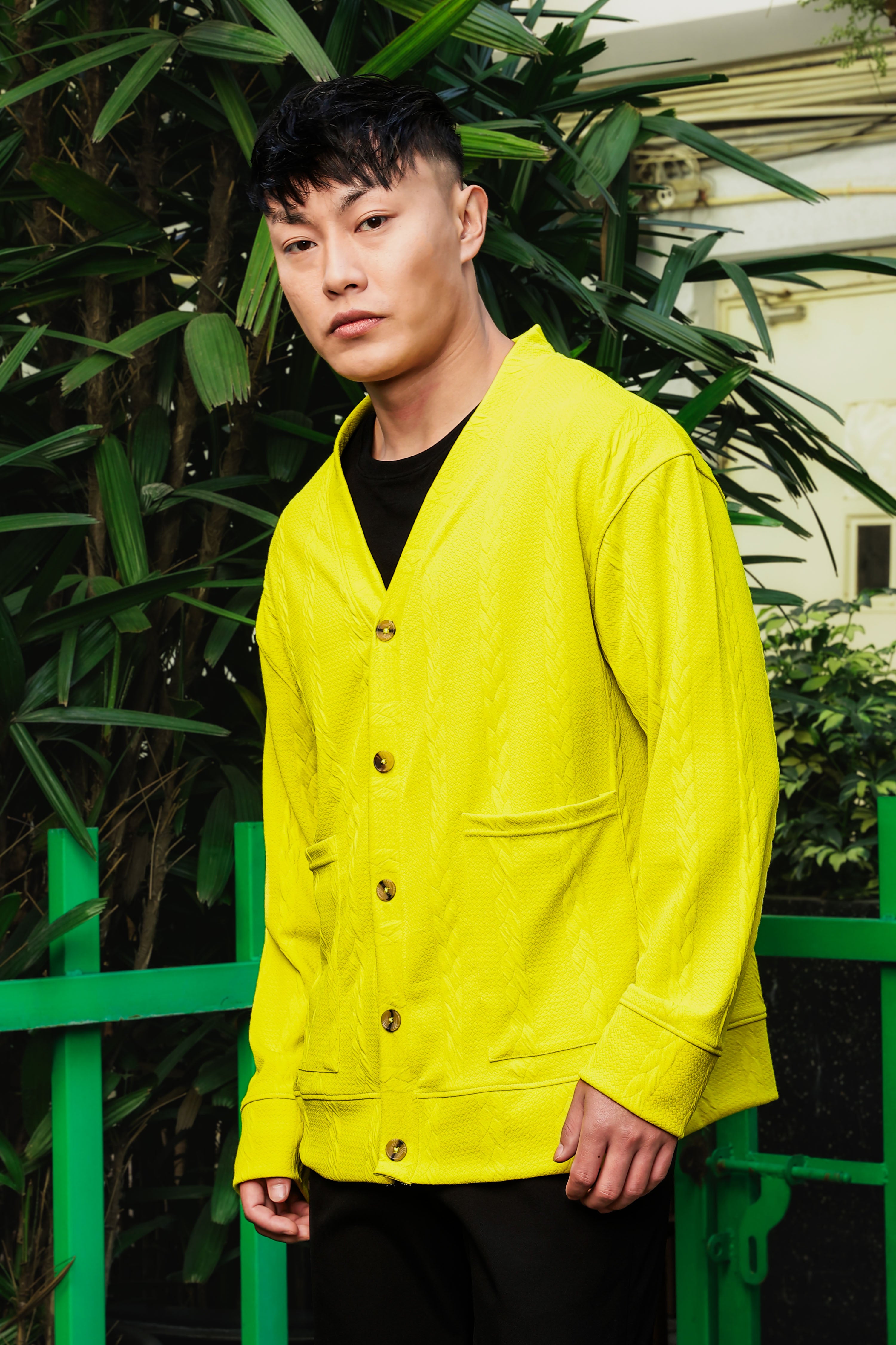 Neon Green Textured Self Design V-Neck Knitted Cardigan