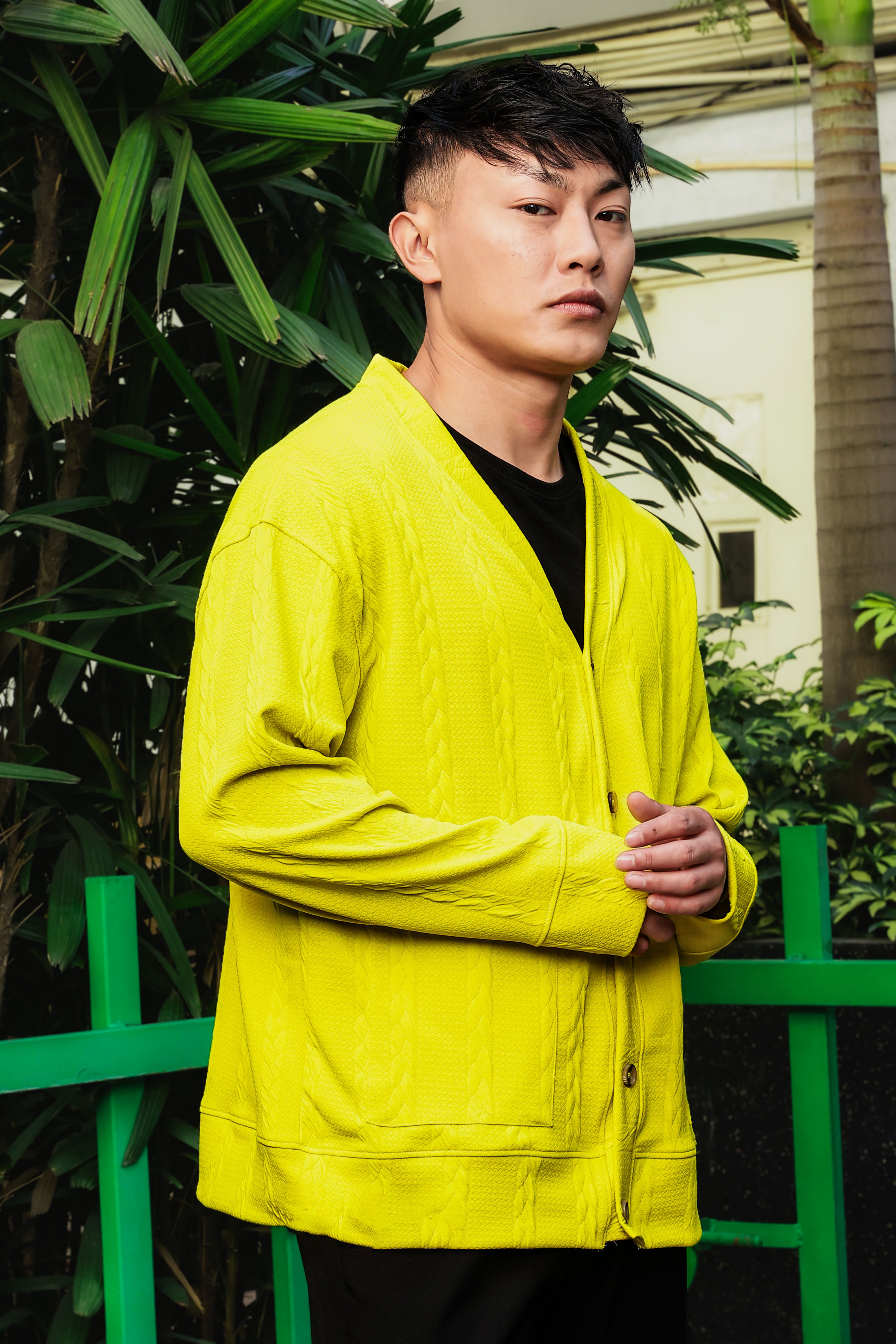 Neon Green Textured Self Design V-Neck Knitted Cardigan