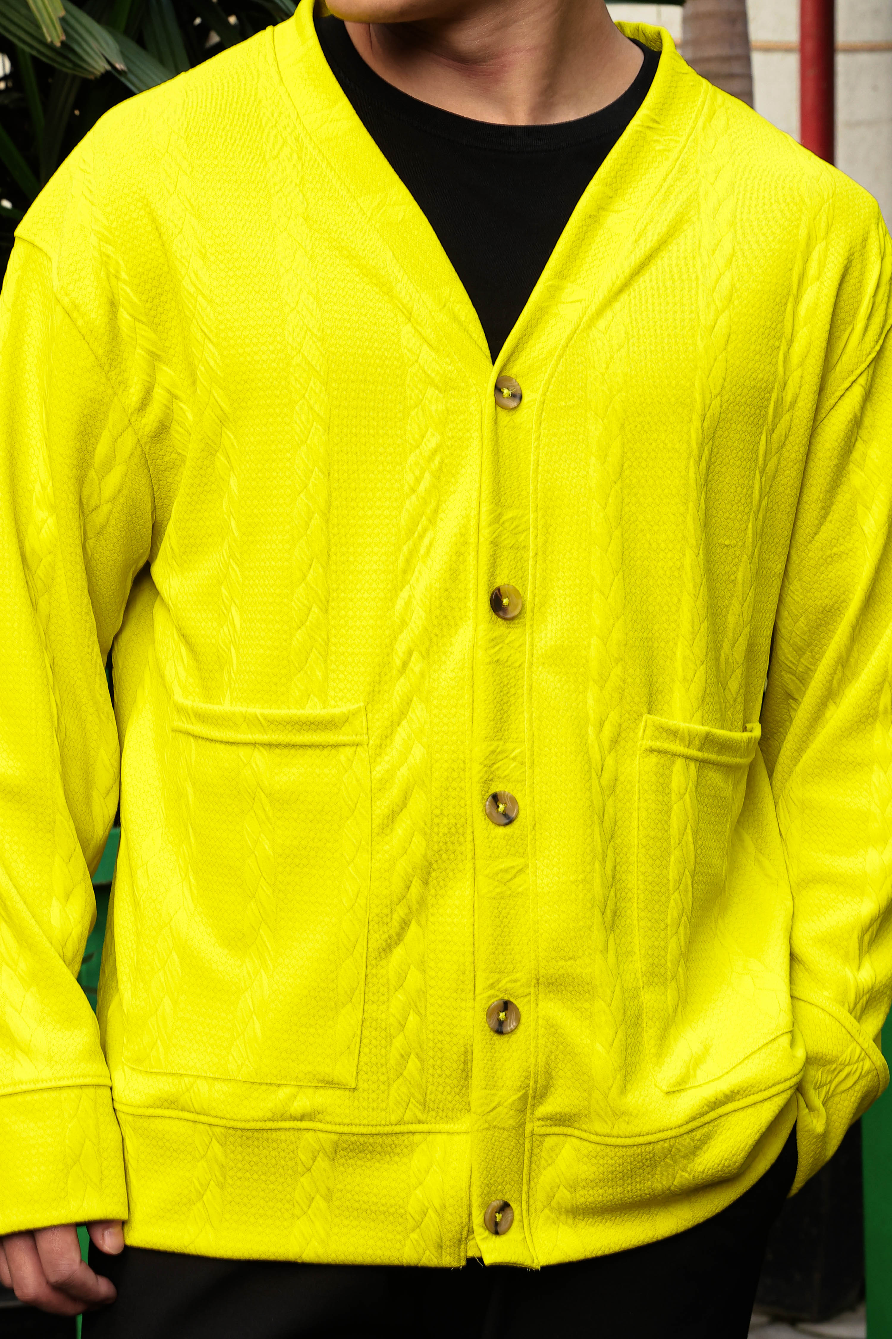 Neon Green Textured Oversized Heavy Duty Knit Cardigan &Trackpant Co-ord Set