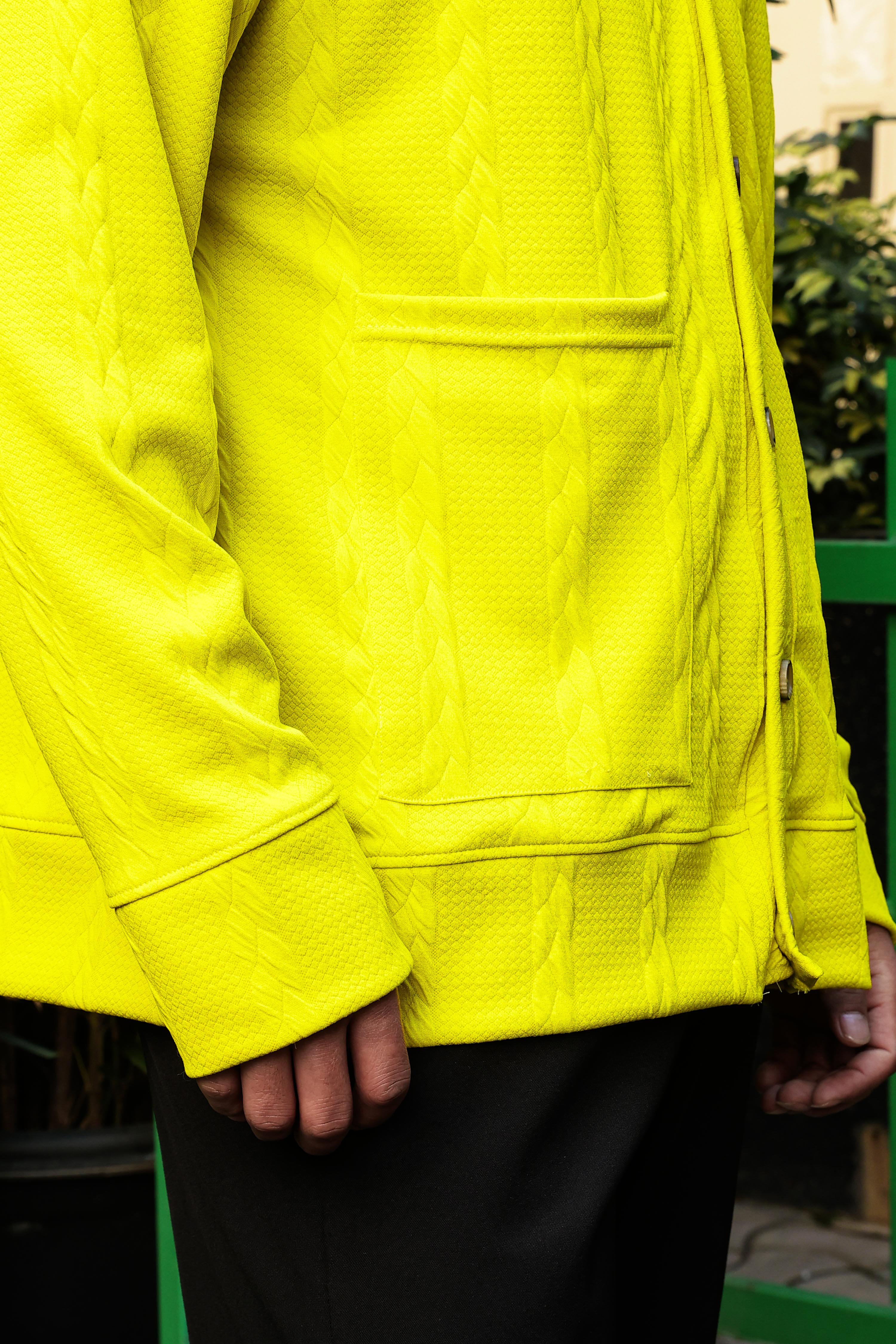 Neon Green Textured Self Design V-Neck Knitted Cardigan