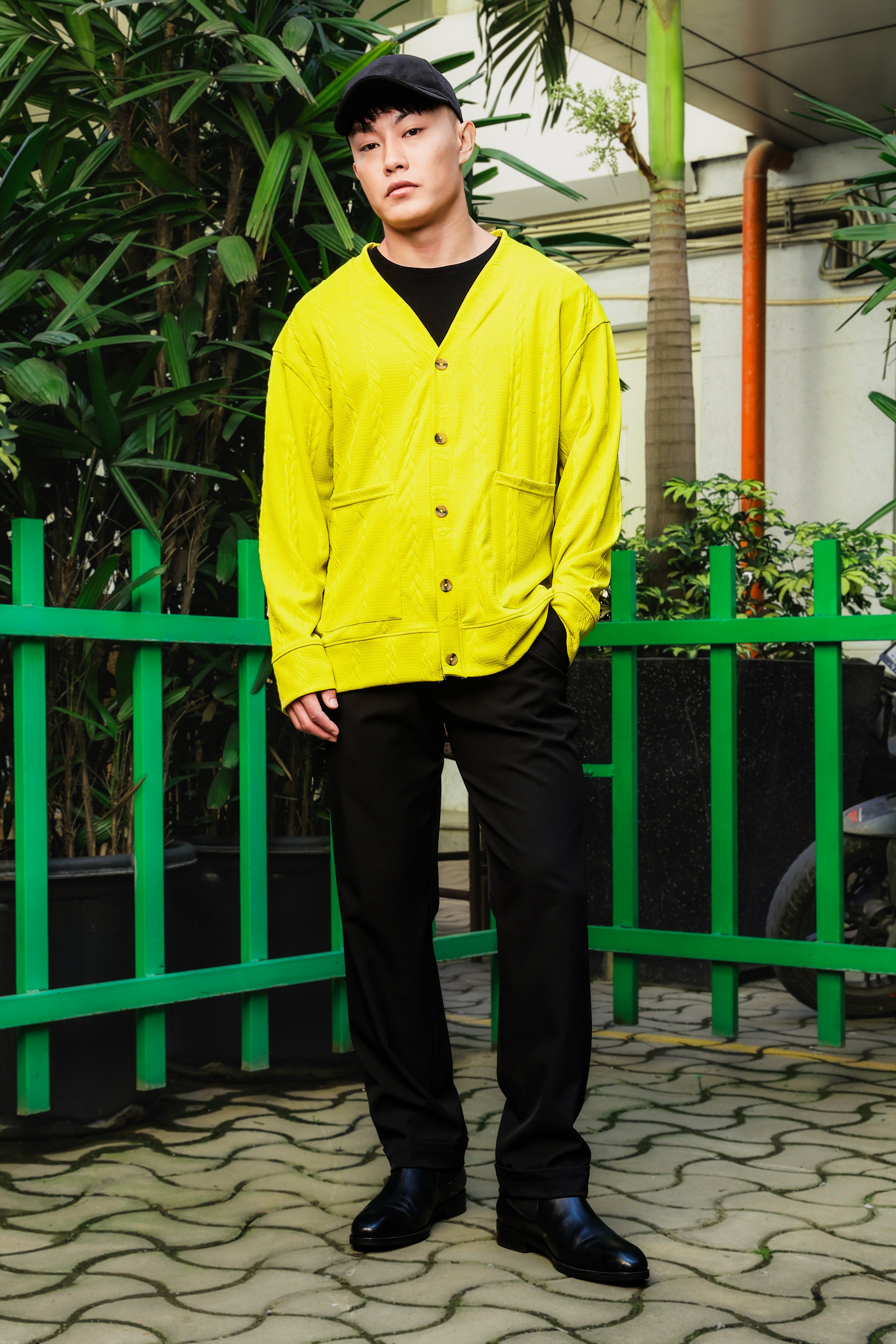 Neon Green Textured Self Design V-Neck Knitted Cardigan