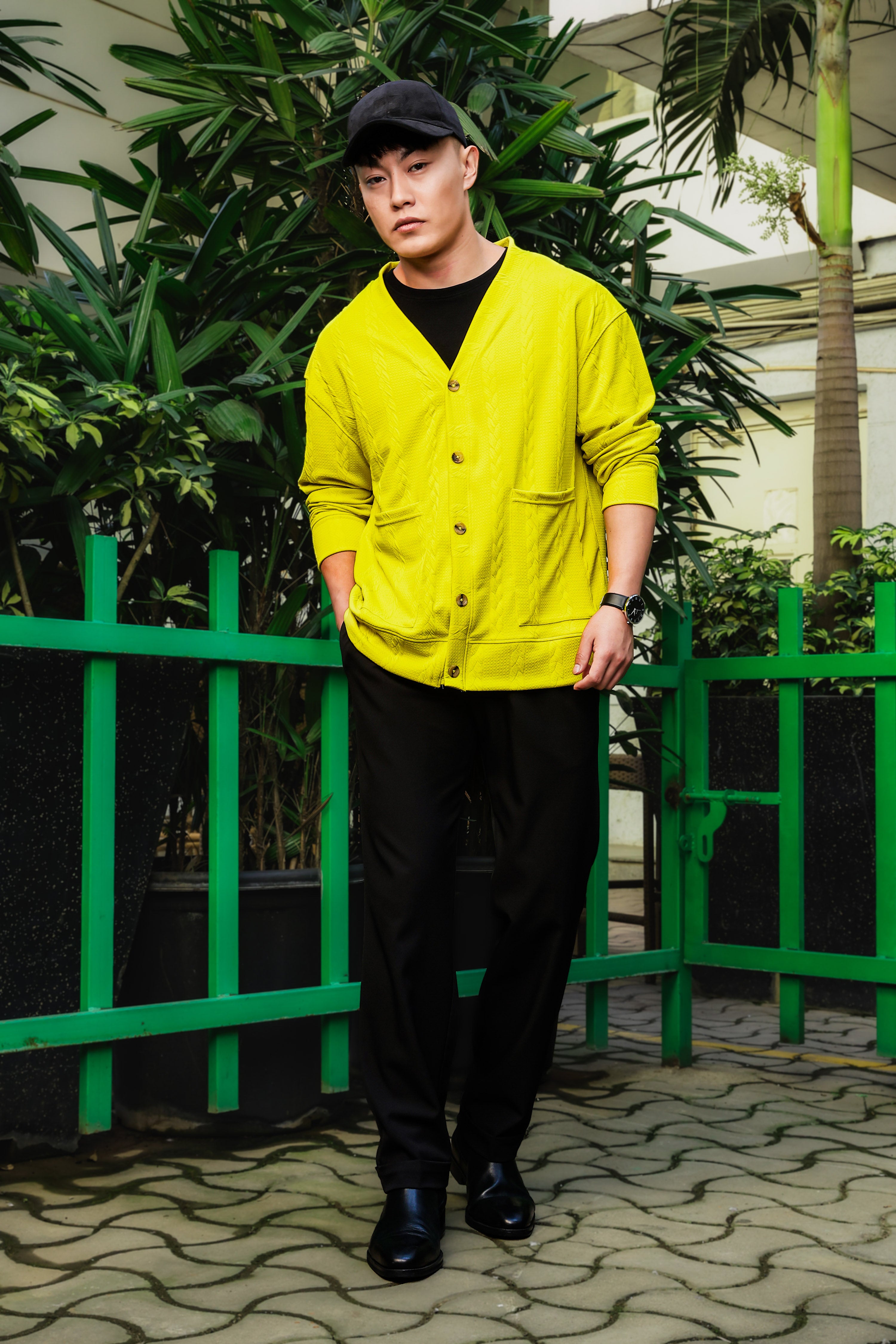 Neon Green Textured Self Design V-Neck Knitted Cardigan