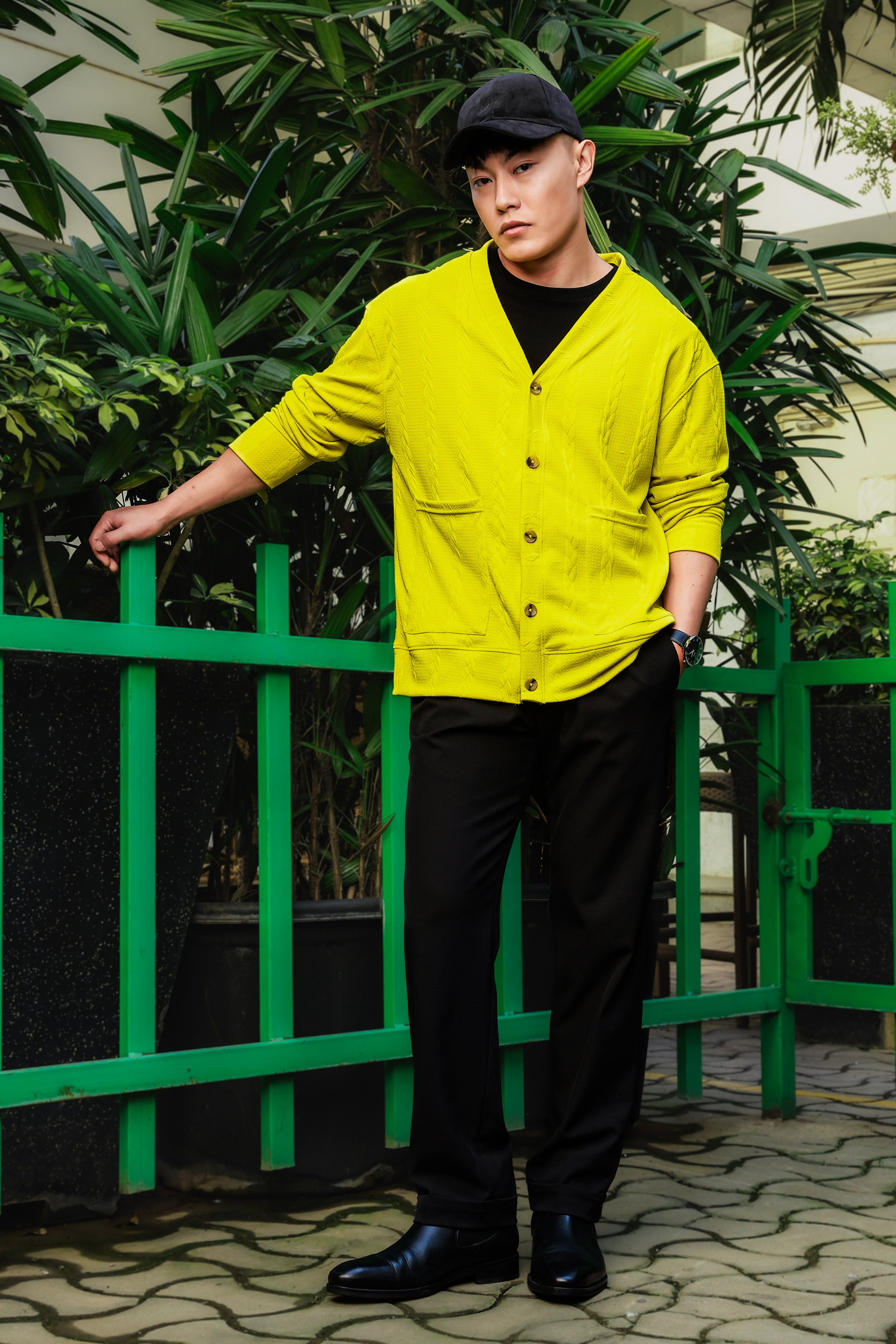 Neon Green Textured Self Design V-Neck Knitted Cardigan