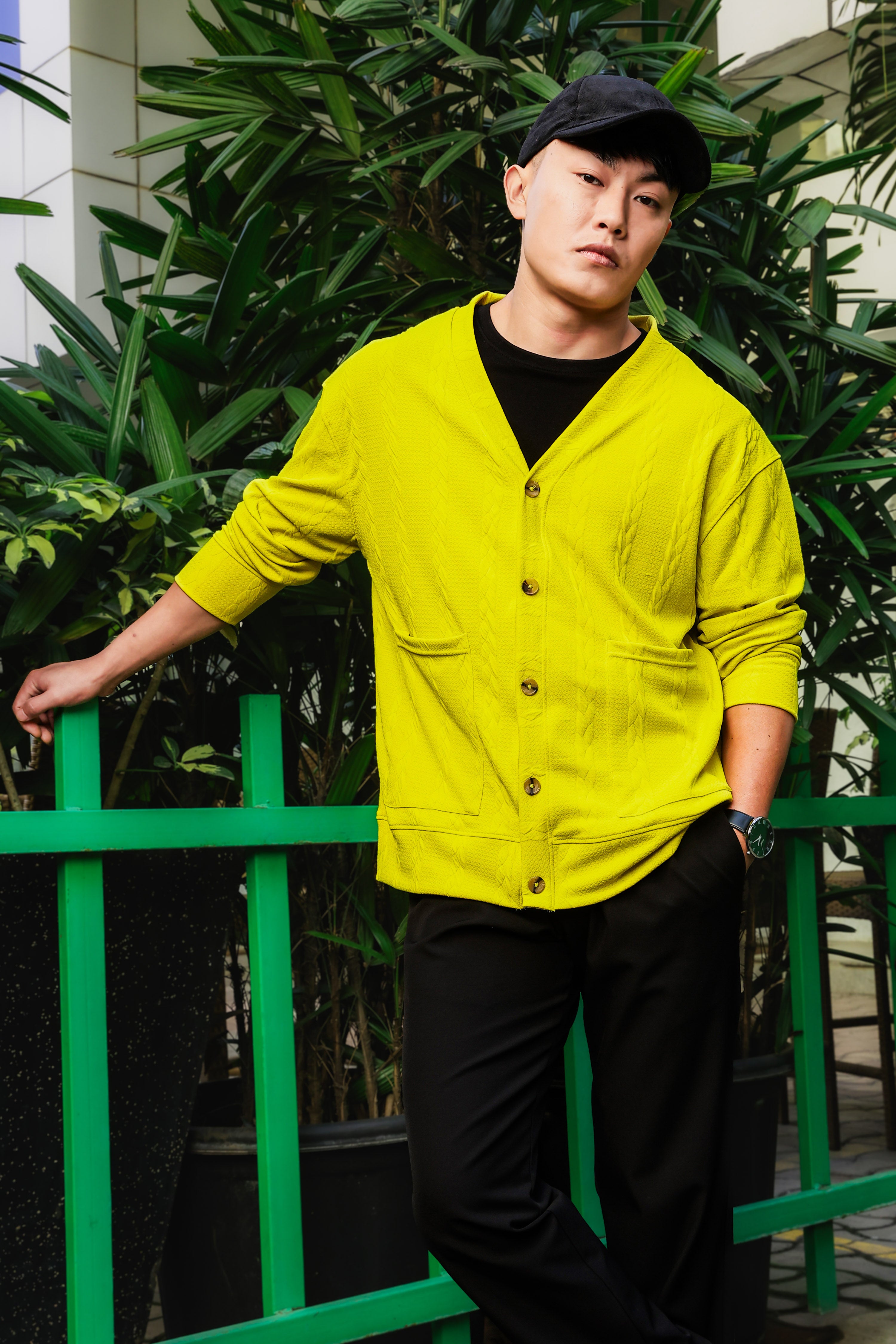 Neon Green Textured Self Design V-Neck Knitted Cardigan