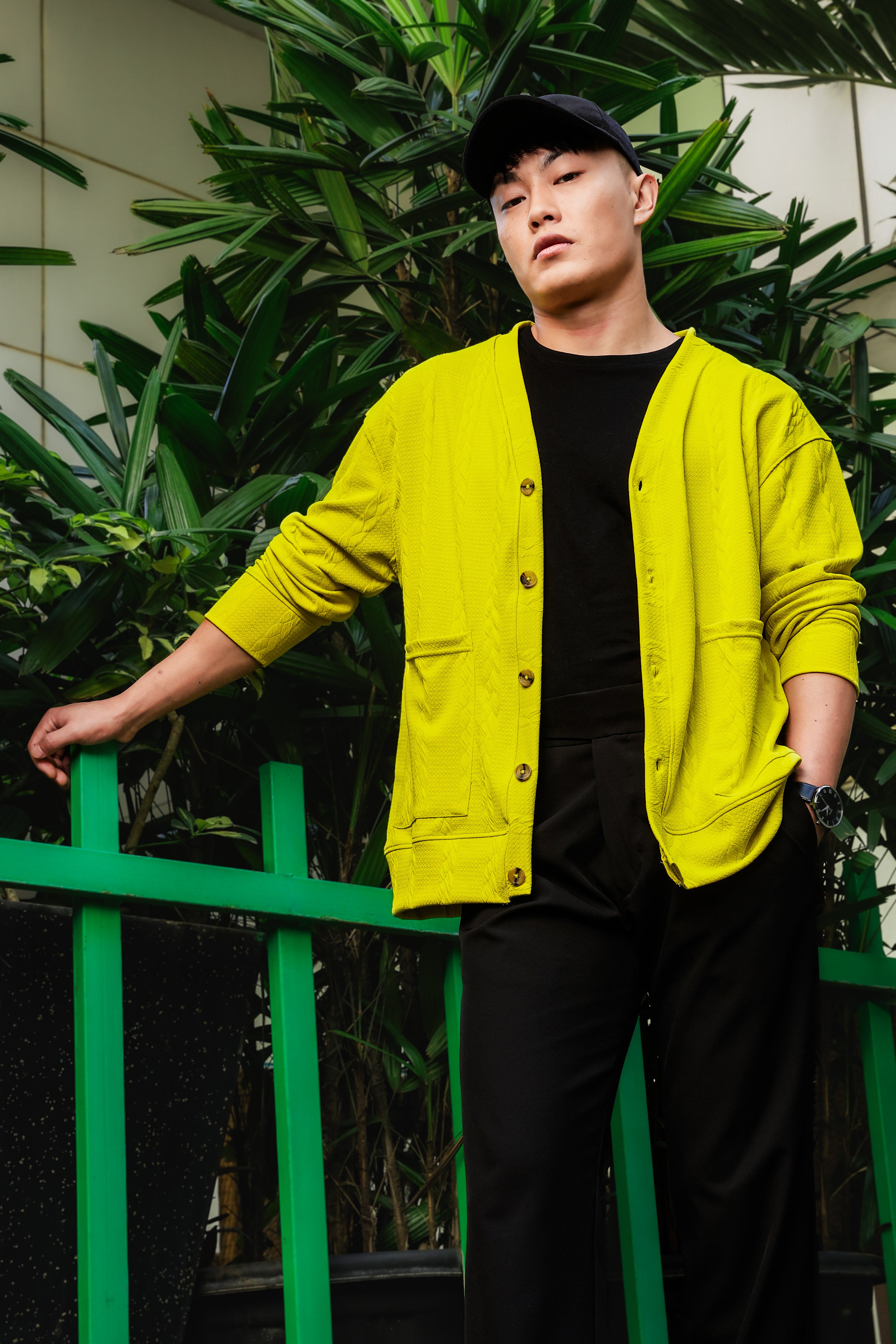 Neon Green Textured Self Design V-Neck Knitted Cardigan