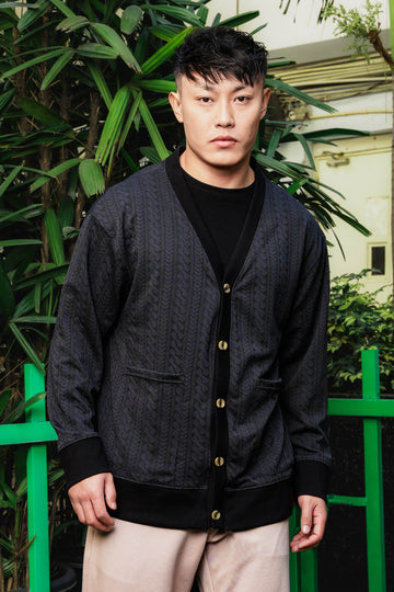 Black Textured & Self Design V-Neck Knitted Cardigan