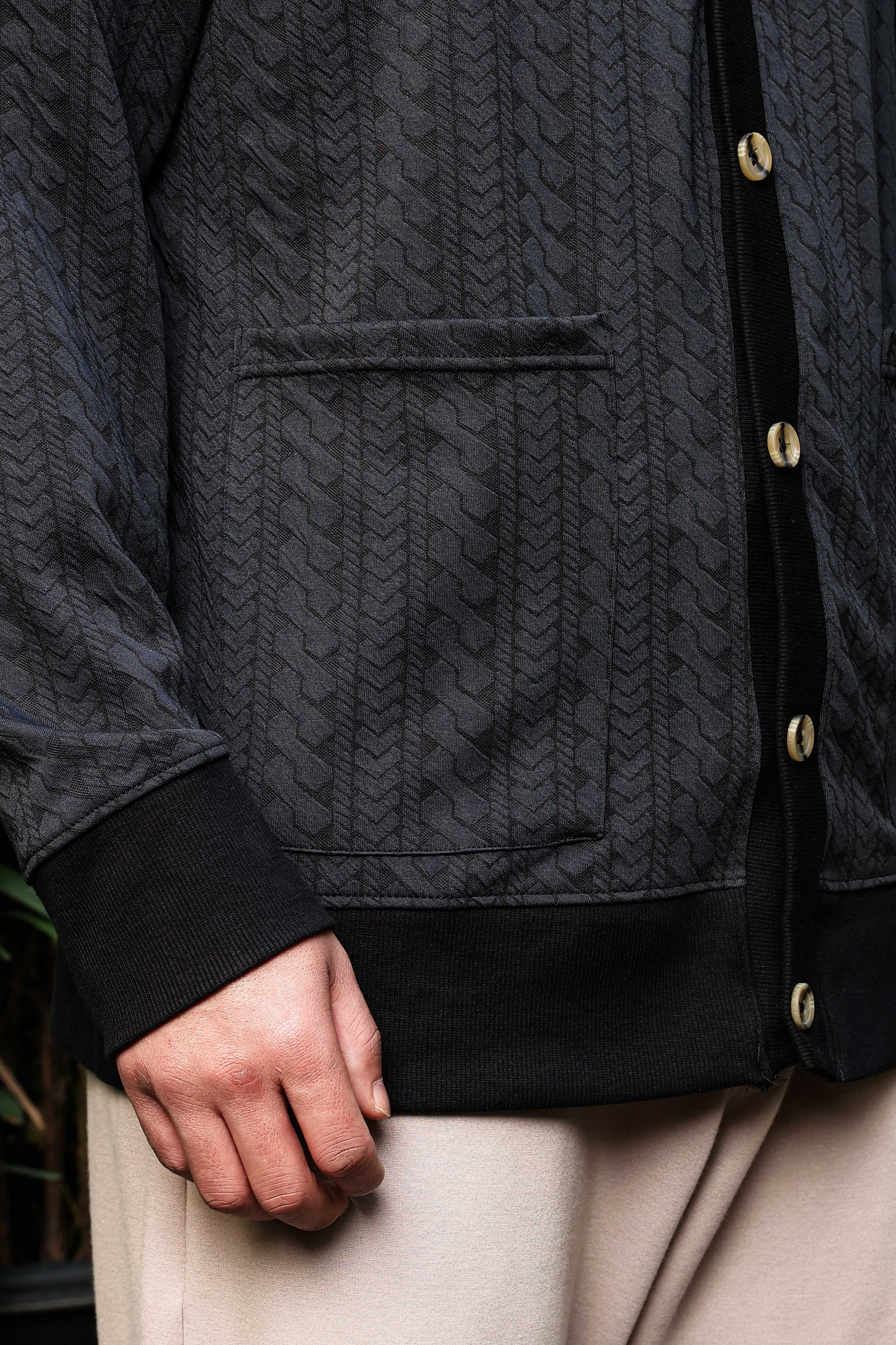 Black Textured & Self Design V-Neck Knitted Cardigan