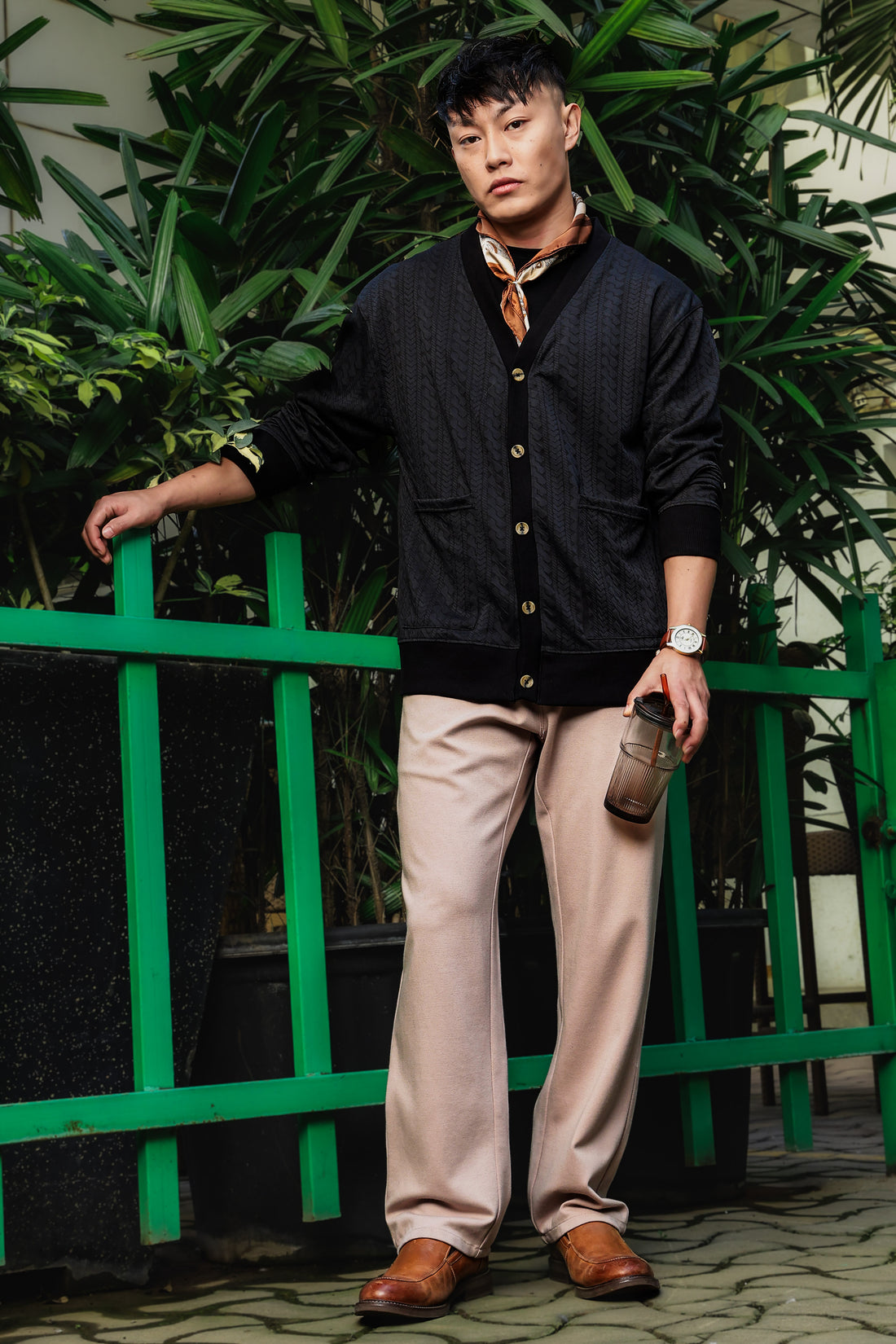 Black Textured & Self Design V-Neck Knitted Cardigan