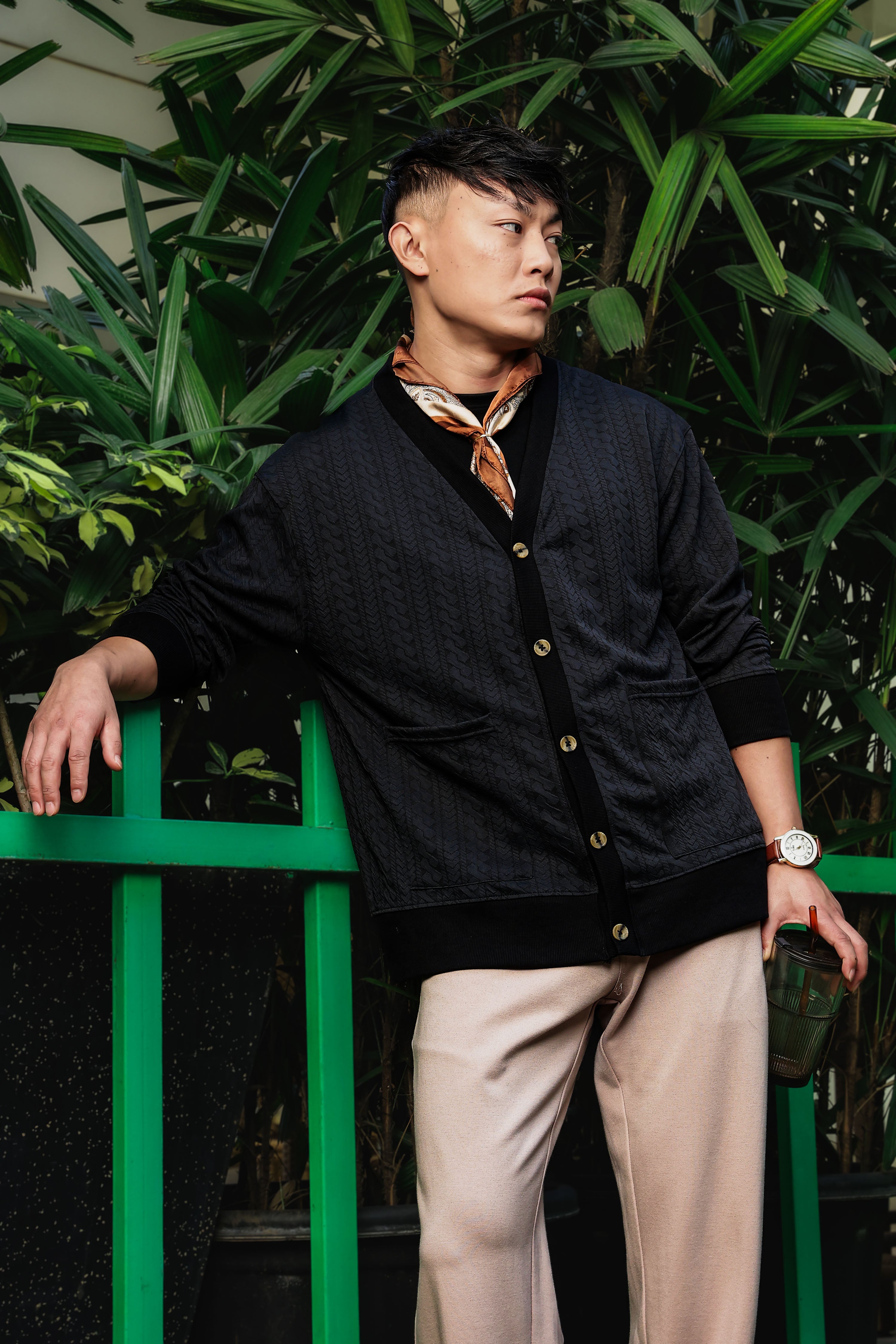 Black Textured & Self Design V-Neck Knitted Cardigan