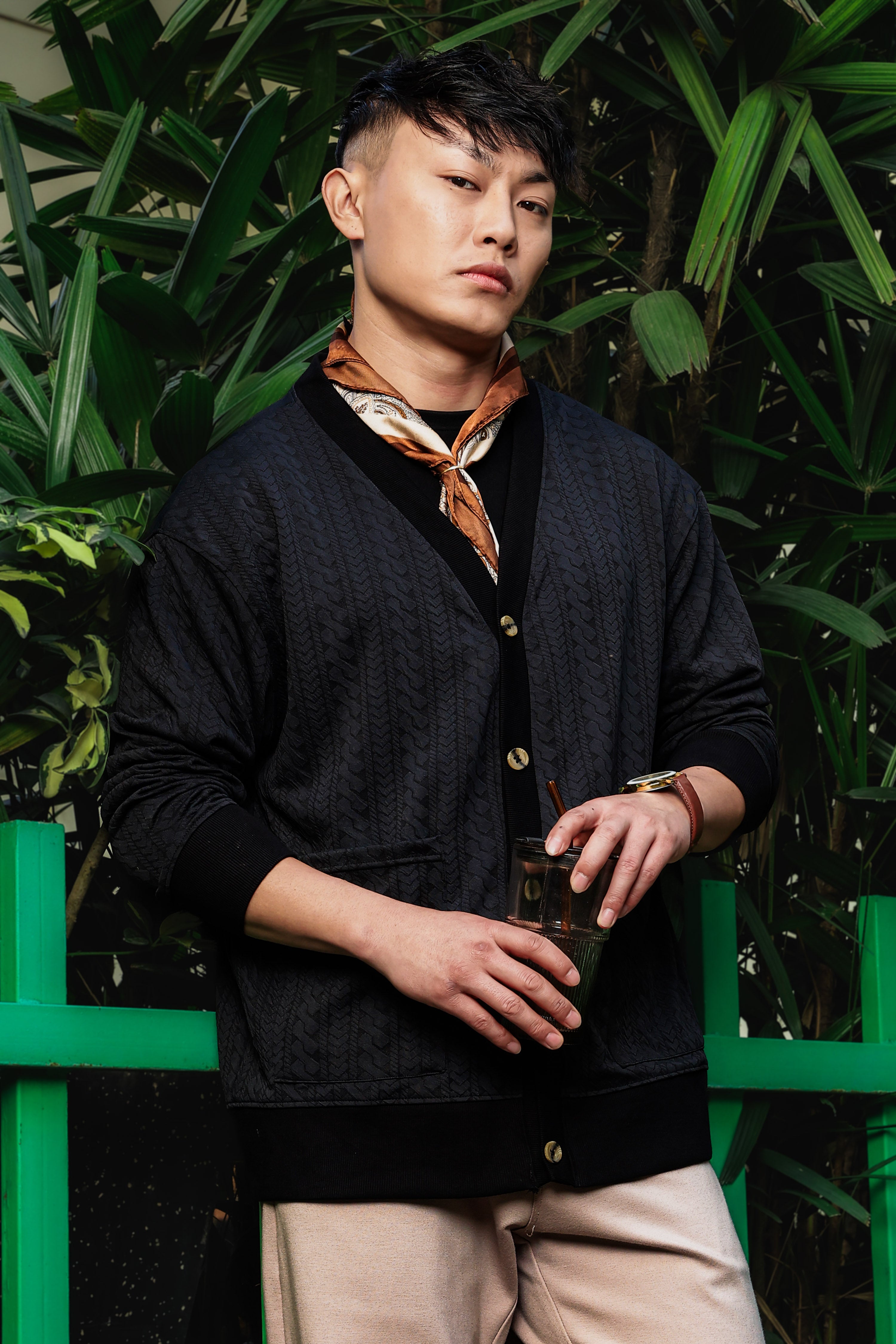 Black Textured & Self Design V-Neck Knitted Cardigan