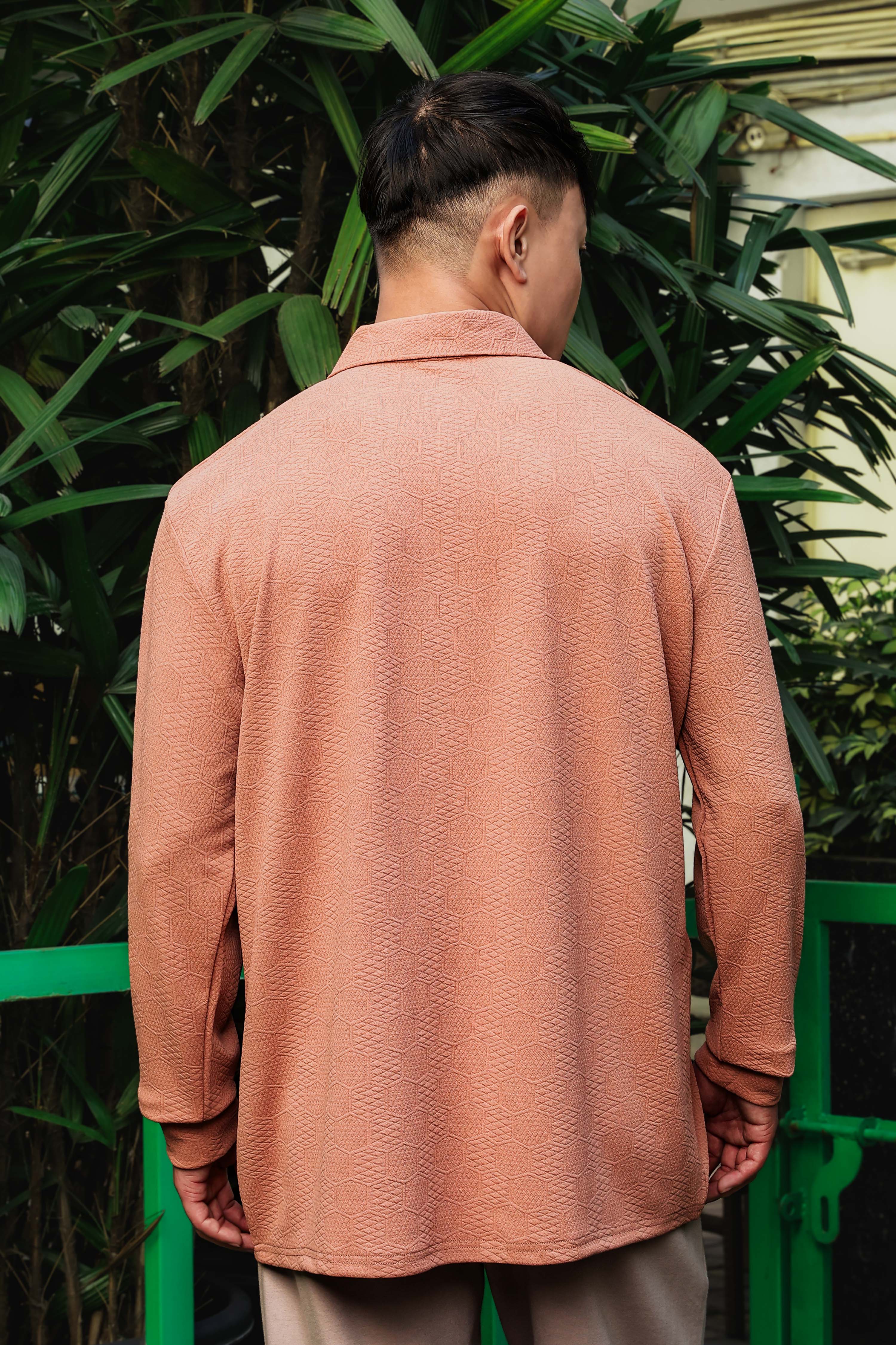 Brown Solid Textured Cable Knit Drop-Shoulder Relaxed Fit Polo Neck Full Sleeve T-Shirt