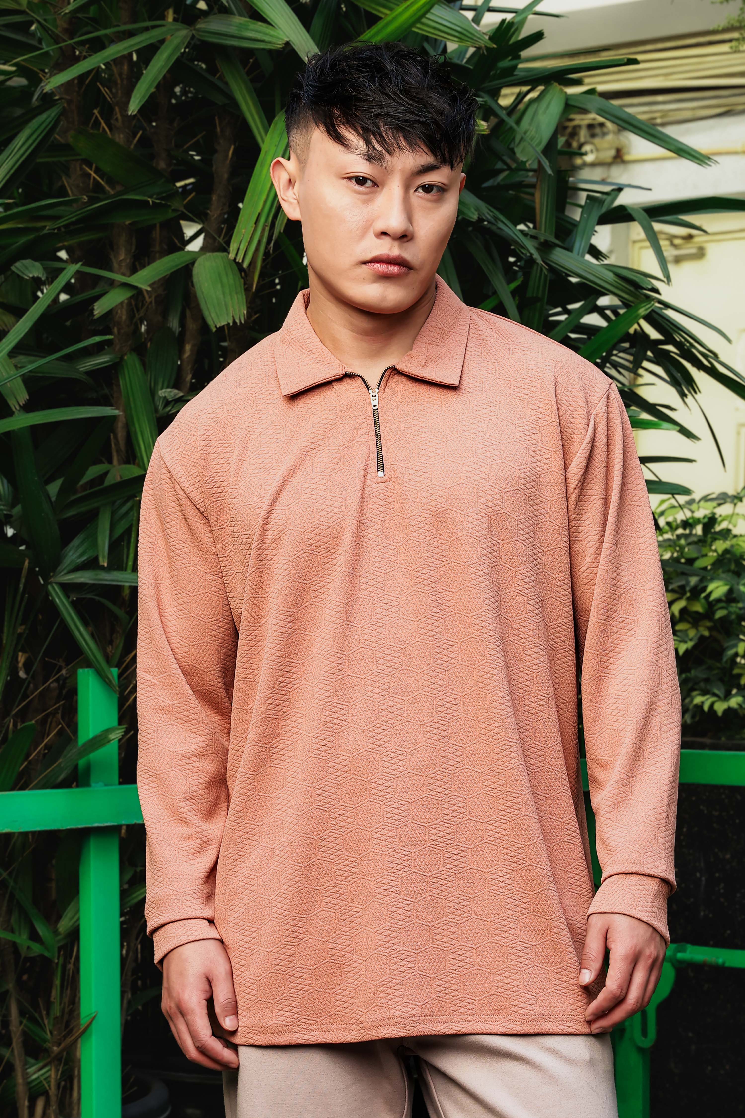 Brown Solid Textured Cable Knit Drop-Shoulder Relaxed Fit Polo Neck Full Sleeve T-Shirt