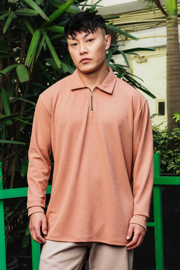 Brown Solid Textured Cable Knit Drop-Shoulder Relaxed Fit Polo Neck Full Sleeve T-Shirt