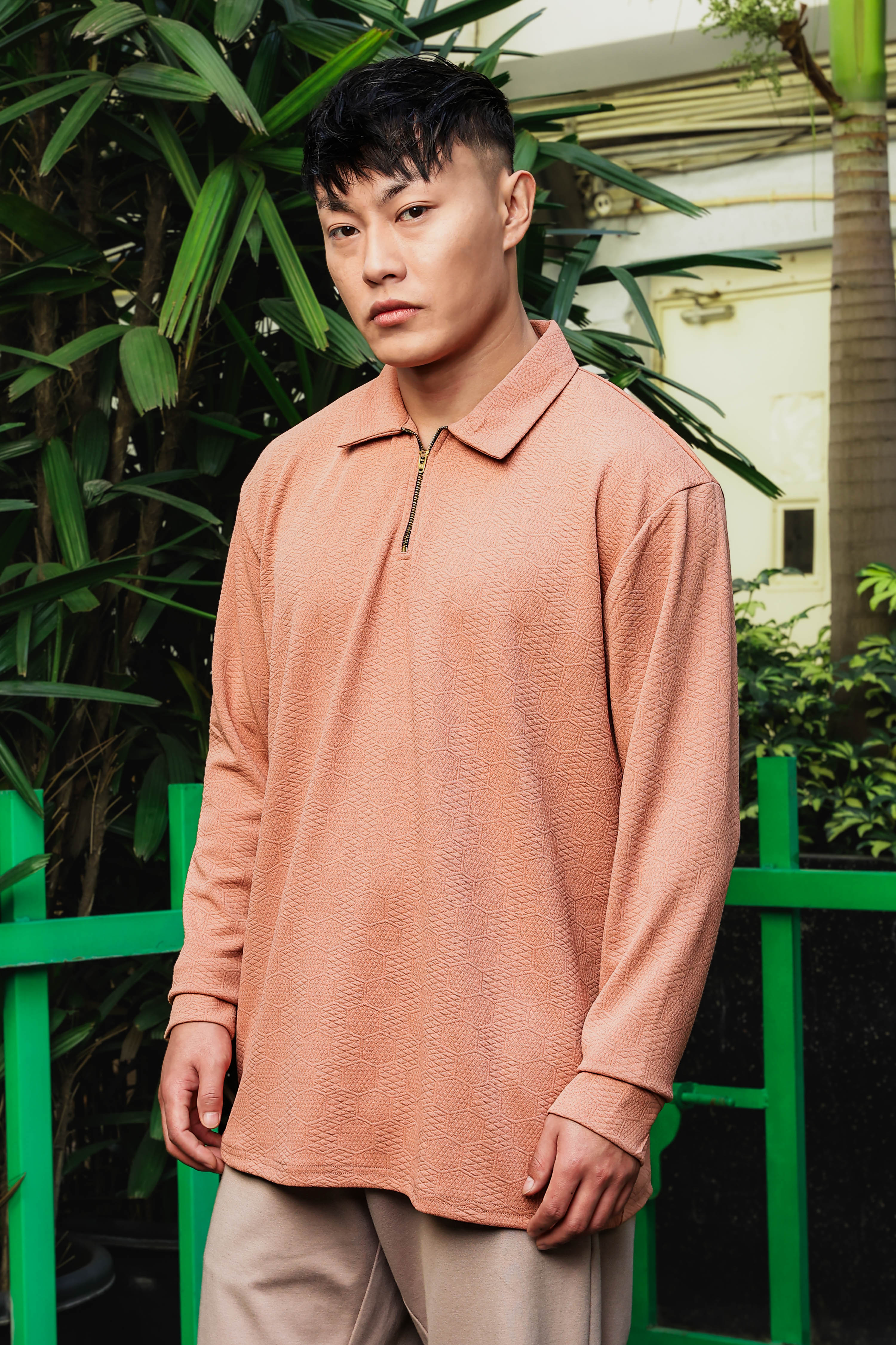 Brown Solid Textured Cable Knit Drop-Shoulder Relaxed Fit Polo Neck Full Sleeve T-Shirt