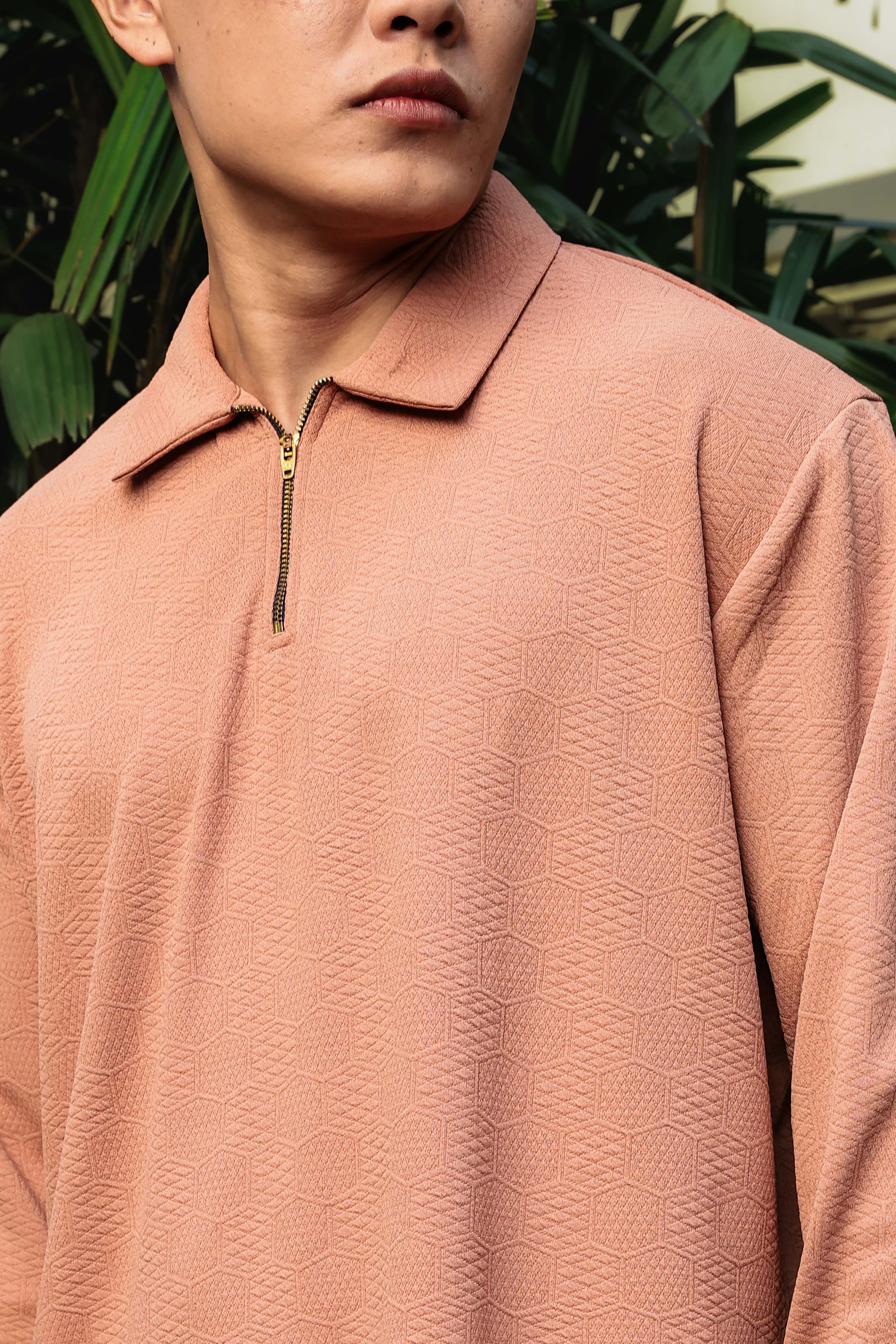 Brown Solid Textured Cable Knit Drop-Shoulder Relaxed Fit Polo Neck Full Sleeve T-Shirt