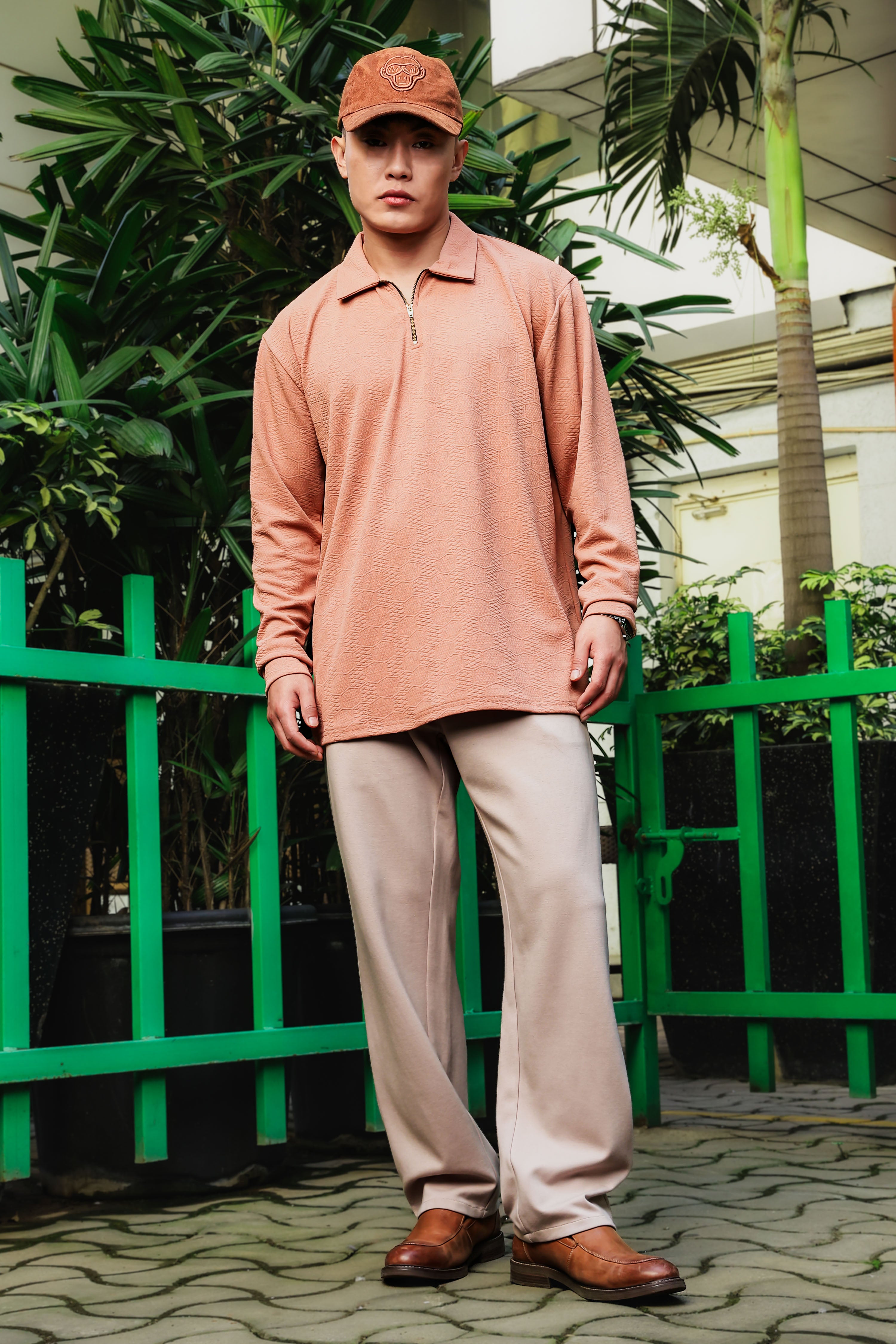 Brown Solid Textured Cable Knit Drop-Shoulder Relaxed Fit Polo Neck Full Sleeve T-Shirt