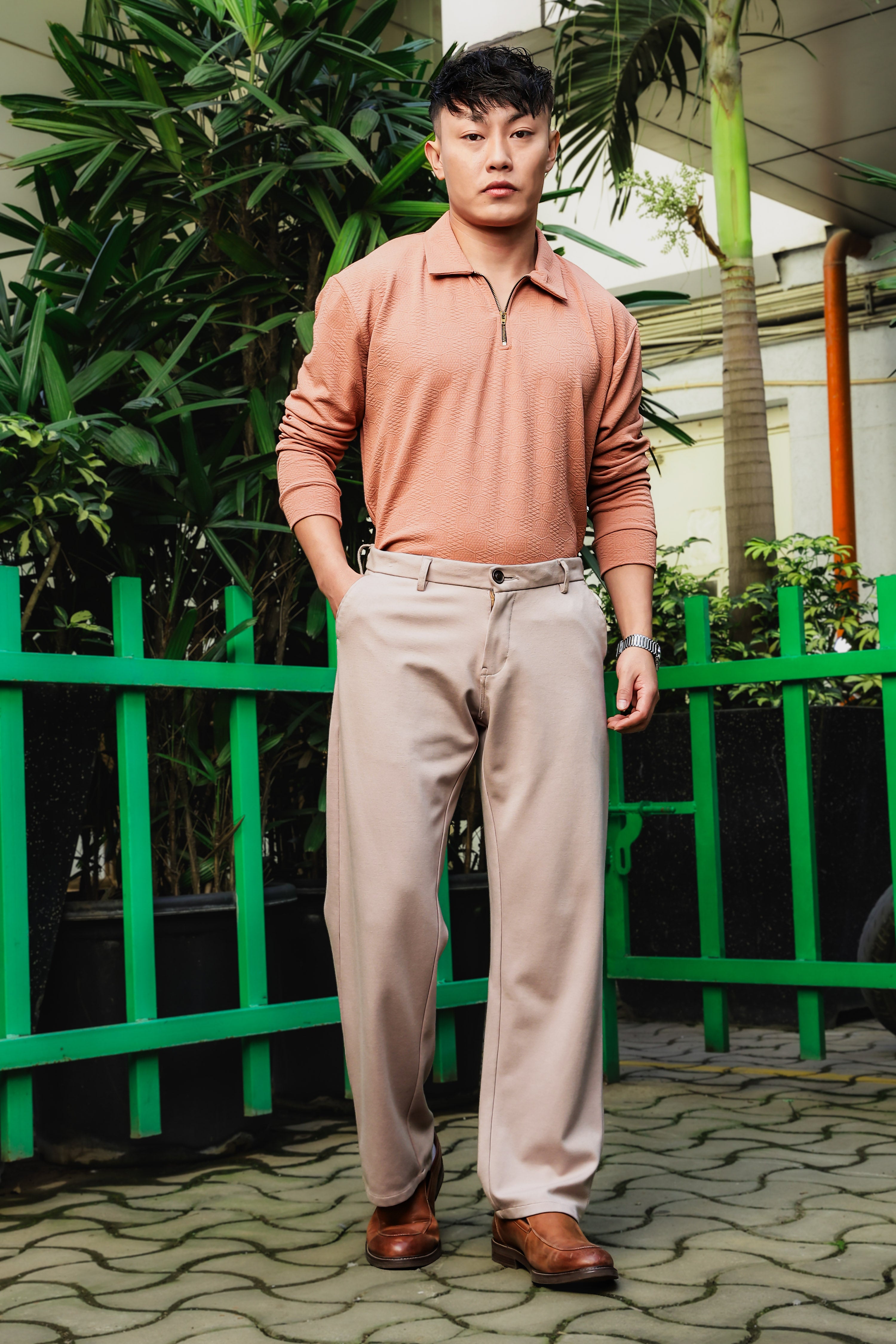 Brown Solid Textured Cable Knit Drop-Shoulder Relaxed Fit Polo Neck Full Sleeve T-Shirt